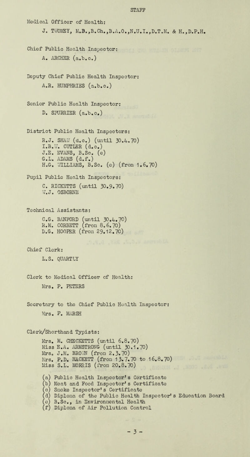 STAFF Medical Officer of Health: J. TWOMEY, M.B.,B.Ch.,B.A.O.,N.U.I.,D.T.M. & H.,D.P.H. Chief Public Health Inspector: A. ARCHER (a.b.c.) Deputy Chief Public Health Inspector: A.R. HUMPHRIES (a.b.c.) Senior Public Health Inspector: D. SPURRIER (a.b.c.) District Public Health Inspectors: R.J. SHA’tf (d.c.) (until 30.4.70) I. B.17. CUTLER (d.c.) J. E. EVANS, B.Sc. (e) G. L. ADAMS (d.f.) H. &. 'JILLLIMS, B.Sc. (e) (fron 1.6.70) Pupil Public Health Inspectors: C. RICKETTS (until 30.9.70) 17.J. OSBORNE Technical Assistants: C. G. BANFORD (until 30.4.70) R.M. CORBETT (fron 8.6.70) D. &. HOOPER (fron 29.12.70) Chief Clerk: L.S. QUARTLY Clerk to Medical Officer of Health: Mrs. P. PETERS Secretary to the Chief Public Health Inspector: Mrs. P. MARSH Clerk/Shorthand Typists: Mrs. M. CHECKETTS (until 6.8.70) Miss E.A. ARMSTRONG (until 30.1.70) Mrs. J.M. BROUN (fron 2.3.70) Mrs. P.D. HACKETT (fron 13.7.70 to 16.8.70) Miss S.L. MORRIS (fron 20.8.70) (a) Public Health Inspector1s Certificate (b) Meat and Food Inspector’s Certificate (c) Snoke Inspector’s Certificate (d) Diplona of the Public Health Inspector’s Education Board (0) B.Sc., in Environmental Health (f) Diplona of Air Pollution Control