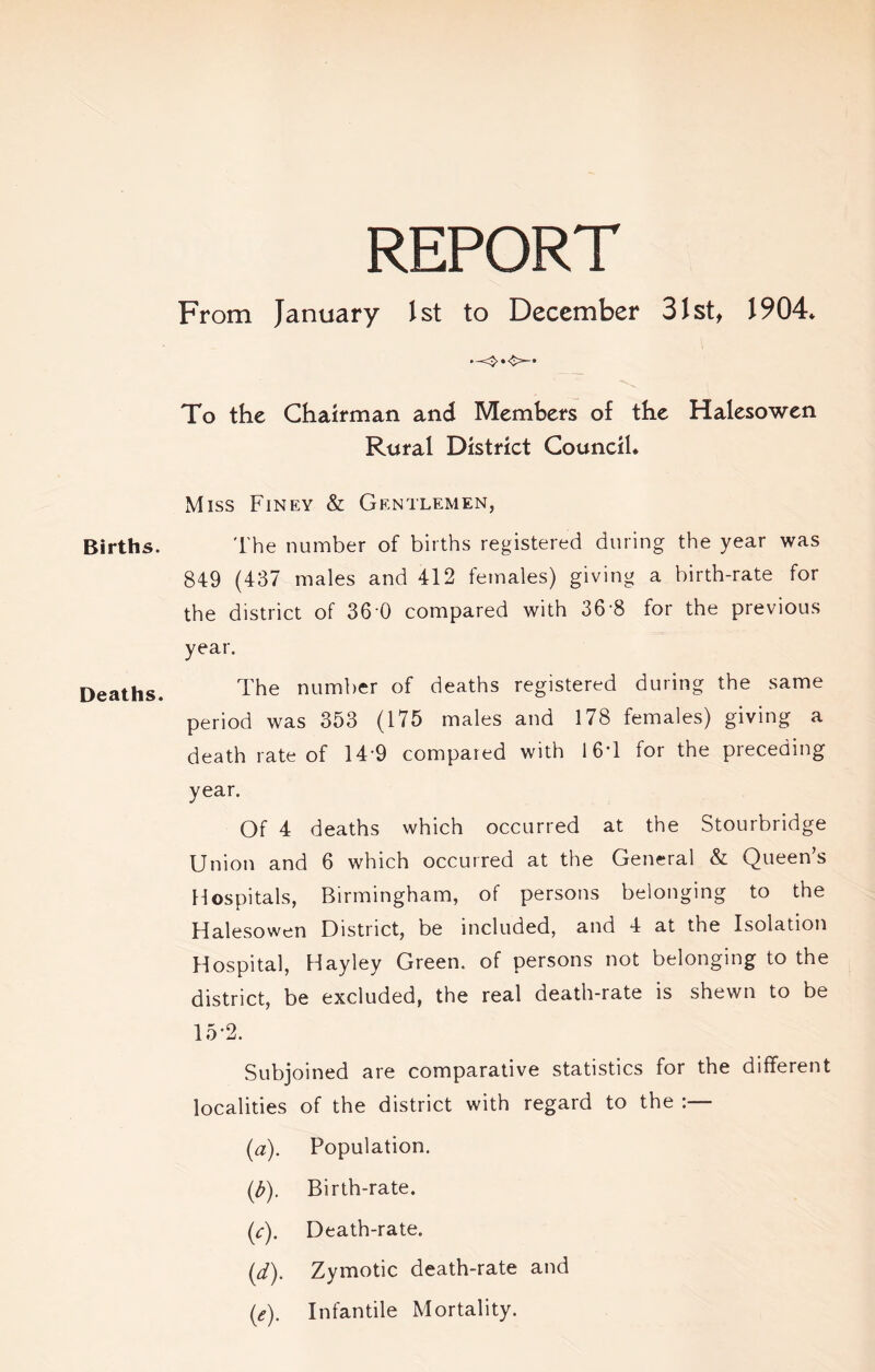 Births. Deaths. REPORT From January 1st to December 31st, 1904* To the Chairman and Members of the Halesowen Rural District Council. Miss Finey & Gentlemen, The number of births registered during the year was 849 (437 males and 412 females) giving a birth-rate for the district of 36 0 compared with 36 8 for the previous year. The number of deaths registered during the same period was 353 (175 males and 178 females) giving a death rate of 14'9 compared with 16T for the preceding year. Of 4 deaths which occurred at the Stourbridge Union and 6 which occurred at the General & Queen’s Hospitals, Birmingham, of persons belonging to the Halesowen District, be included, and 4 at the Isolation Hospital, Hayley Green, of persons not belonging to the district, be excluded, the real death-rate is shewn to be 15-2. Subjoined are comparative statistics for the different localities of the district with regard to the :— (a). Population. (d). Birth-rate. M Death-rate. (d). Zymotic death-rate and (Q. Infantile Mortality.