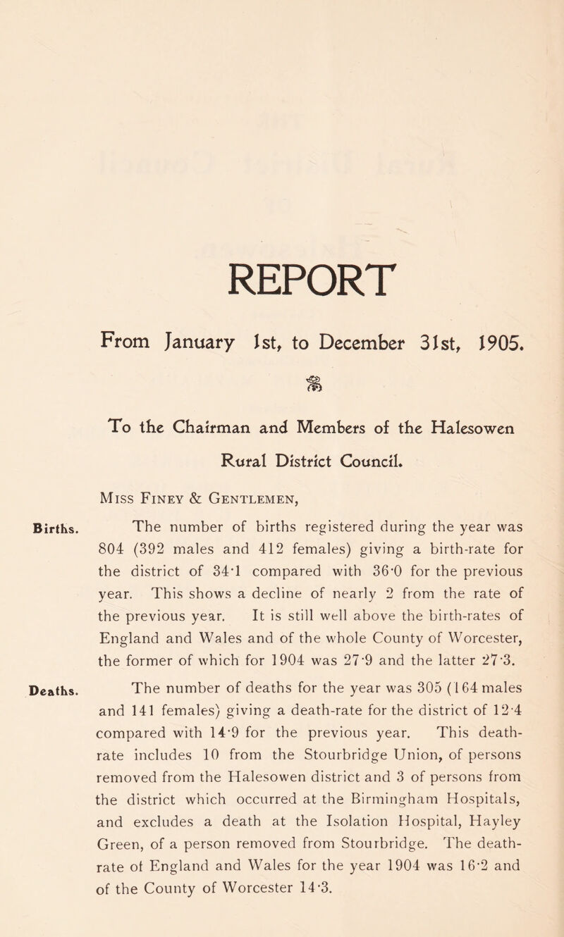 Births. Deaths. REPORT From January Jst, to December 31st, 1905. HIi To the Chairman and Members of the Halesowen Rural District Council. Miss Finey & Gentlemen, The number of births registered during the year was 804 (392 males and 412 females) giving a birth-rate for the district of 34*1 compared with 36’0 for the previous year. This shows a decline of nearly 2 from the rate of the previous year. It is still well above the birth-rates of England and Wales and of the whole County of Worcester, the former of which for 1904 was 27*9 and the latter 27*3. The number of deaths for the year was 305 (164 males and 141 females) giving a death-rate for the district of 12 4 compared with 14*9 for the previous year. This death- rate includes 10 from the Stourbridge Union, of persons removed from the Halesowen district and 3 of persons from the district which occurred at the Birmingham Hospitals, and excludes a death at the Isolation Hospital, Hayley Green, of a person removed from Stourbridge. The death- rate of England and Wales for the year 1904 was 16*2 and of the County of Worcester 14*3.