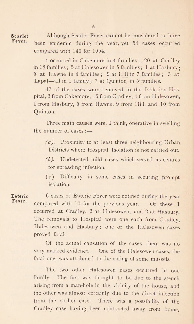 Scarlet Fever. Enteric Fever. Although Scarlet Fever cannot be considered to have been epidemic during the year, yet 54 cases occurred compared with 140 for 19l>4. 4 occurred in Cakemore in 4 families ; , 20 at Cradley in 18 families; 5 at Halesowen in 5 families; 1 at Hasbury; 5 at Hawne in 4 families; 9 at Hill in 7 families; 3 at Lapal—all in 1 family; 7 at Quinton in 5' families. 47 of the cases were removed to the Isolation Hos- pital, 3 from Cakemore, 15 from Cradley, 4 from Halesowen, 1 from Hasbury, 5 from Hawne, 9 from Hill, and 10 from Quinton. Three main causes were, I think, operative in swelling the number of cases (a) . Proximity to at least three neighbouring Urban Districts where Hospital Isolation is not carried out. (b) . Undetected mild cases which served as centres for spreading infection. (c) Difficulty in some cases in securing prompt isolation. 6 cases of Enteric Fever were notified during the year compared with 10 for the previous year. Of these 1 occurred at Cradley, 3 at Halesowen, and 2 at Hasbury. The removals to Hospital were one each from Cradley, Halesowen and Hasbury; one of the Halesowen cases proved fatal. Of the actual causation of the cases there was no very marked evidence. One of the Halesowen cases, the fatal one, was attributed to the eating of some mussels. The two other Halesowen cases occurred in one family. The first was thought to be due to the stench arising from a man-hole in the vicinity of the house, and the other was almost certainly due to the direct infection from the earlier case. There was a possibility of the Cradley case having been contracted away from home,