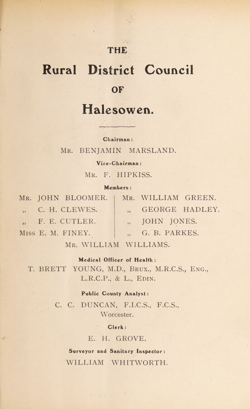 THE Rural District Council OF Halesowen. Chairman : Mr. BENJAMIN MARSLAND. Vice-Chairman : Mr. F. HIPKISS. Members : Mr. JOHN BLOOMER. „ C. H. CLEWES. „ F. E. CUTLER. Miss E. M. FINEY. Mr. WILLIAM GREEN. GEORGE HADLEY. JOHN JONES. G. B. PARKES. Mr. WILLIAM WILLIAMS. Medical Officer of Health : T. BRETT YOUNG, M.D., Brux., M.R.C.S., Eng., L.R.C.P., & L., Edin. Public County Analyst: C. C. DUNCAN, F.I.C.S., F.C.S., Worcester. Clerk : E. H. GROVE. Surveyor and Sanitary Inspector : WILLIAM WHITWORTH.