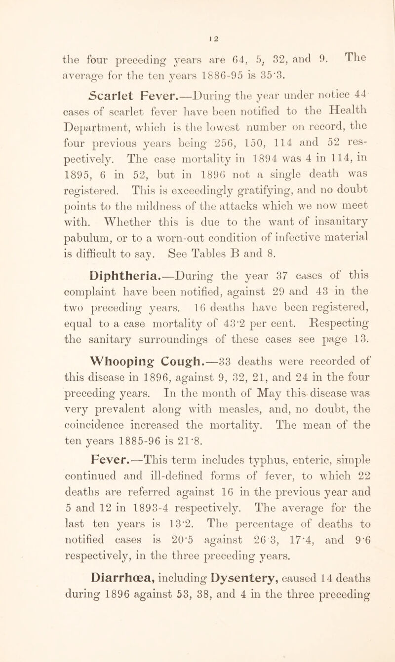 the four preceding years are 64, 5; 32, and 9. The average for the ten years 1886-95 is 35'3. Scarlet Fever.—During the year under notice 44 cases of scarlet fever have been notified to the Health Department, which is the lowest number on record, the four previous years being 256, 150, 114 and 52 res- pectively. The case mortality in 1894 was 4 in 114, in 1895, 6 in 52, but in 1896 not a single death was registered. This is exceedingly gratifying, and no doubt points to the mildness of the attacks which we now meet with. Whether this is due to the want of insanitary pabulum, or to a worn-out condition of infective material is difficult to say. See Tables B and 8. Diphtheria.—During the year 37 cases of this complaint have been notified, against 29 and 43 in the two preceding years. 16 deaths have been registered, equal to a case mortality of 43*2 per cent. Respecting the sanitary surroundings of these cases see page 13. Whooping Cough.—33 deaths were recorded of this disease in 1896, against 9, 32, 21, and 24 in the four preceding years. In the month of May this disease was very prevalent along with measles, and, no doubt, the coincidence increased the mortality. The mean of the ten years 1885-96 is 21*8. Fever.—This term includes typhus, enteric, simple continued and ill-defined forms of fever, to which 22 deaths are referred against 16 in the previous year and 5 and 12 in 1893-4 respectively. The average for the last ten years is 13'2. The percentage of deaths to notified cases is 20*5 against 26 3, 17‘4, and 9’6 respectively, in the three preceding years. Diarrhoea, including Dysentery, caused 14 deaths during 1896 against 53, 38, and 4 in the three preceding