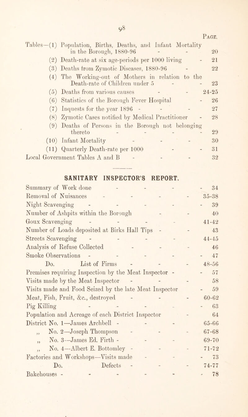 Page, Tables—(1) Population, Births, Deaths, and Infant Mortality in the Borough, 1880-96 - - 20 (2) Death-rate at six age-periods per 1000 living - 21 (3) Deaths from Zymotic Diseases, 1880-96 - 22 (4) The Working-out of Mothers in relation to the Death-rate of Children under 5 - 23 (5) Deaths from various causes - - 24-25 (6) Statistics of the Borough Fever Hospital - 26 (7) Inquests for the year 1896 - - - 27 (8) Zymotic Cases notified by Medical Practitioner - 28 (9) Deaths of Persons in the Borough not belonging thereto - - - 29 (10) Infant Mortality - - 30 (11) Quarterly Death-rate per 1000 - 31 Local Government Tables A and B - - 32 SANITARY INSPECTOR’S REPORT. Summary of Work done - - - 34 Removal of Nuisances - 35-38 Night Scavenging - - - - - 39 Number of Ashpits within the Borough - 40 Goux Scavenging - 41-42 Number of Loads deposited at Birks Hall Tips - - 43 Streets Scavenging - 44-45 Analysis of Refuse Collected - - - 46 Smoke Observations - - - - - 47 Do. List of Firms - 48-56 Premises requiring Inspection by the Meat Inspector - - 57 Visits made by the Meat Inspector 58 Visits made and Food Seized by the late Meat Inspector - 59 Meat, Fish, Fruit, &c., destroyed - 60-62 Pig Killing - - - - - 63 Population and Acreage of each District Inspector - 64 District No. 1—James Archbell - 65-66 ,, No. 2—Joseph Thompson - - - 67-68 ,, No. 3—James Ed. Firth - - - 69-70 ,, No. 4—Albert E. Bottomley - - - 71-72 Factories and Workshops—Visits made - - 73 Do. Defects - - - 74-77 Bakehouses - - - - - 78