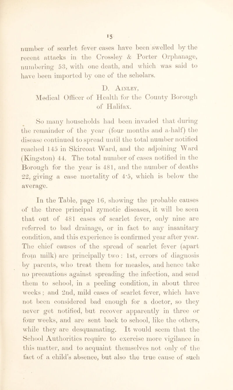 *5 number of scarlet fever cases have been swelled by the recent attacks in the Crossley & Porter Orphanage, numbering 53, with one death, and which was said to have been imported by one of the scholars. D. Ainley, Medical Officer of Health for the County Borough of Halifax. So many households had been invaded that during the remainder of the year (four months and a-half) the disease continued to spread until the total number notified reached 145 in Skircoat Ward, and the adjoining Ward ( Kingston) 44. The total number of cases notified in the Borough for the year is 481, and the number of deaths 22, giving a case mortality of 4*5, which is below the average. In the Table, page 16, showing the probable causes of the three principal zymotic diseases, it will be seen that out of 481 cases of scarlet fever, only nine are referred to bad drainage, or in fact to any insanitary condition, and this experience is confirmed year after year. The chief causes of the spread of scarlet fever (apart from milk) are principally two : 1st, errors of diagnosis by parents, who treat them for measles, and hence take no precautions against spreading the infection, and send them to school, in a peeling condition, in about three weeks ; and 2nd, mild cases of scarlet fever, which have not been considered bad enough for a doctor, so they never get notified, but recover apparently in three or four weeks, and are sent back to school, like the others, while they are desquamating. It would seem that the School Authorities require to exercise more vigilance in this matter, and to acquaint themselves not only of the fact of a child’s absence, but also the true cause of such