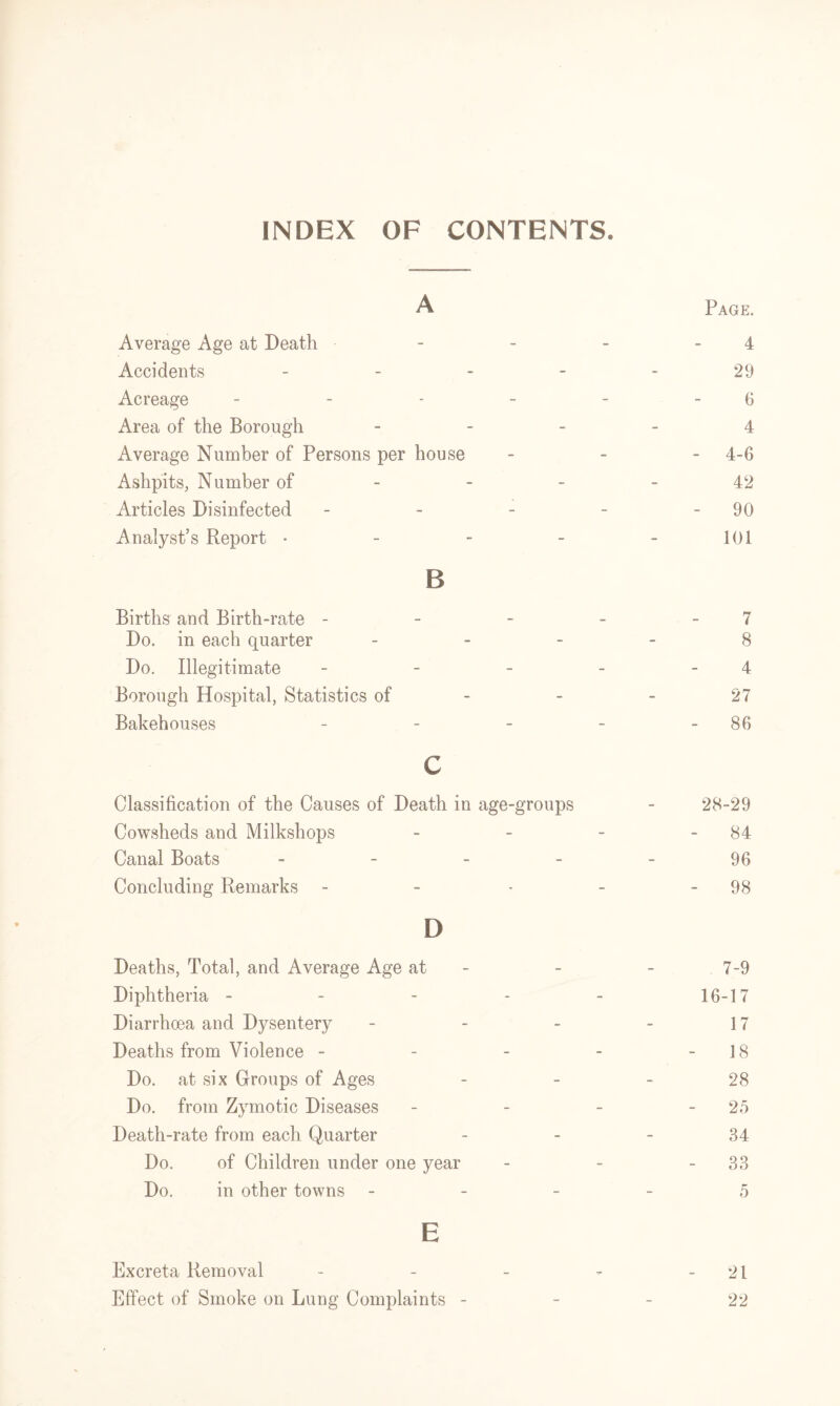 A Page. Average Age at Death - - - 4 Accidents - - - - - 29 Acreage - - - - - 6 Area of the Borough 4 Average Number of Persons per house - 4-6 Ashpits, Number of - - - 42 Articles Disinfected - - - - - 90 Analyst’s Report • - - - - 101 B Births and Birth-rate - - - - 7 Do. in each quarter 8 Do. Illegitimate - - - - 4 Borough Hospital, Statistics of - - - 27 Bakehouses - - - - 86 c Classification of the Causes of Death in age-groups - 28-29 Cowsheds and Milkshops - - - - 84 Canal Boats - - - - - 96 Concluding Remarks - - • - - 98 D Deaths, Total, and Average Age at - - - 7-9 Diphtheria - - - - - 16-17 Diarrhoea and Dysentery - - - - 17 Deaths from Violence - - - - - 18 Do. at six Groups of Ages 28 Do. from Zymotic Diseases - - - - 25 Death-rate from each Quarter 34 Do. of Children under one year - - - 33 Do. in other towns 5 E Excreta Removal - - - - - 21 Effect of Smoke on Lung Complaints 22