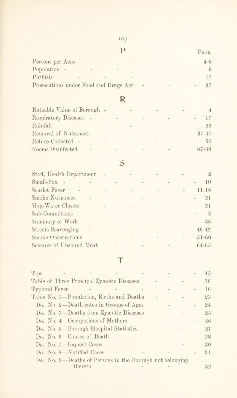 i°7 P Page. Persons per Acre ----- 4-6 Population - - - - - 6 Phthisis - - - - - 17 Prosecutions under Food and Drugs Act - - 97 R Rateable Value of Borough 4 Respiratory Diseases - - - - 17 Rainfall _____ 22 Removal of Nuisances- - - - 37-40 Refuse Collected 50 Rooms Disinfected - - - - 87-88 s Staff1, Health Department - - - 2 Small-Pox - - - - - - 10 Scarlet Fever - - - - -11-16 Smoke Nuisances - - - 21 Slop-Water Closets - - - - 21 Sub-Committees - - - - 3 Summary of Work 36 Streets Scavenging - - - - 46-49 Smoke Observations - 51-60 Seizures of Unsound Meat - - - 64-65 T Tips - - - - - - 45 Table of Three Principal Zymotic Diseases - - 16 Typhoid Fever - - - - - 16 Table No. 1—Population, Births and Deaths - - 23 Do. No. 2—Death-rates in Groups of i\ges - - 24 Do. No. 3—Deaths from Zymotic Diseases - - 25 Do. No. 4—Occupations of Mothers - - - 26 Do. No. 5—Borough Hospital Statistics - - 27 Do. No. 6—Causes of Death - - - - 28 Do. No. 7—Inquest Cases - - - 30 Do. No. 8—Notified Cases - - - - 31 Do. No. 9—Deaths of Persons in the Borough not belonging thereto - - - - 32