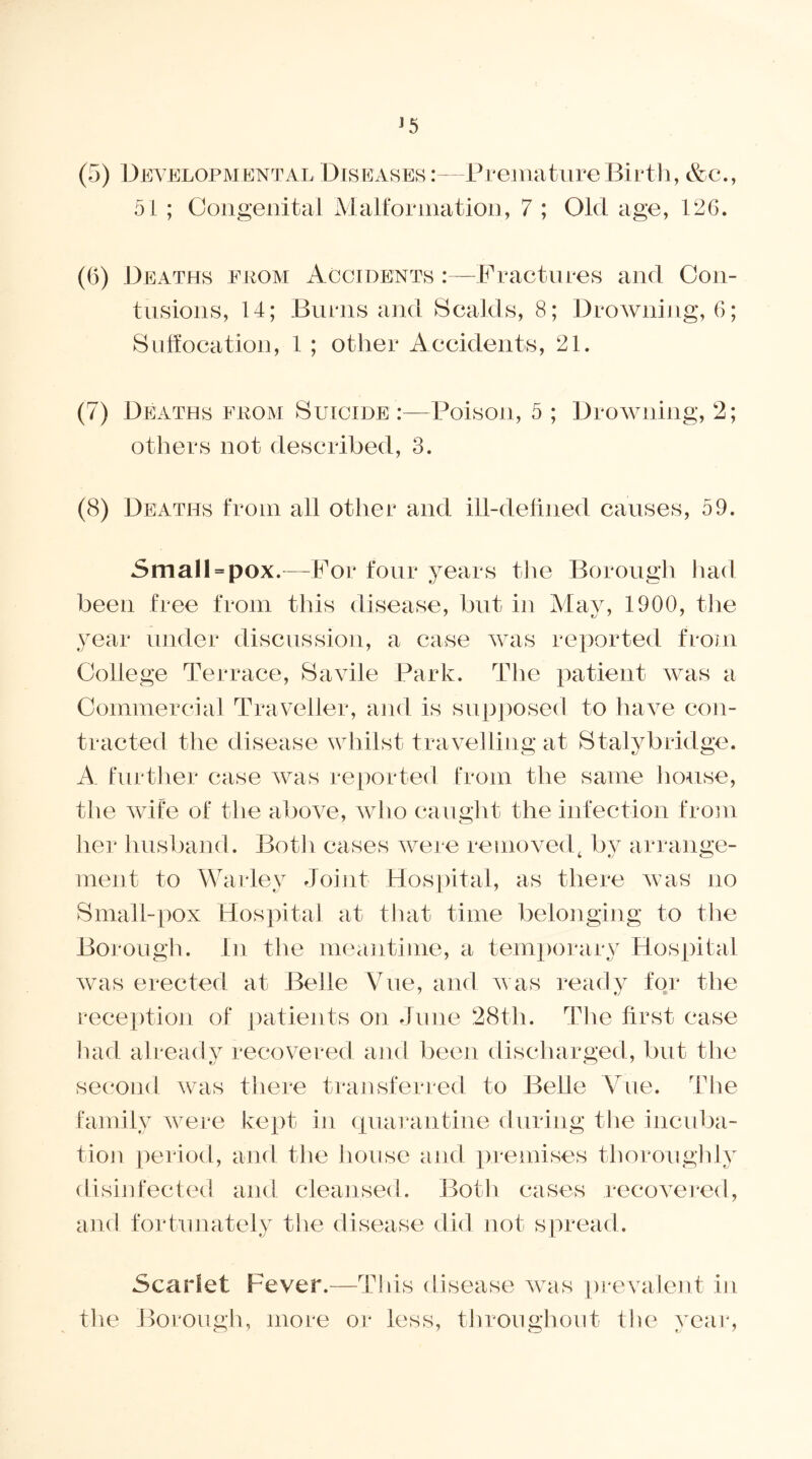 (5) Developmental Diseases :—Premature Birth, &c., 51 ; Congenital Malformation, 7 ; Old age, 126. (6) Deaths from Accidents :—Fractures and Con- tusions, 14; Burns and Scalds, 8; Drowning, 6; Suffocation, 1 ; other Accidents, 21. (7) Deaths from Suicide :—Poison, 5 ; Drowning, 2; others not described, 3. (8) Deaths from all other and ill-defined causes, 59. Small = pox.—For four years the Borough had been free from this disease, but in May, 1900, the year under discussion, a case was reported from College Terrace, Savile Park. The patient was a Commercial Traveller, and is supposed to have con- tracted the disease whilst travelling at Stalybridge. A further case was reported from the same house, the wife of the above, who caught the infection from her husband. Both cases were removed4 by arrange- ment to Warley Joint Hospital, as there was no Small-pox Hospital at that time belonging to the Borough. In the meantime, a temporary Hospital was erected at Belle Vue, and was ready for the reception of patients on June 28th. The first case had already recovered and been discharged, but the second was there transferred to Belle Vue. The family were kept in quarantine during the incuba- tion period, and the house and premises thoroughly disinfected and cleansed. Both cases recovered, and fortunately the disease did not spread. Scarlet Fever.—This disease was prevalent in the Borough, more or less, throughout the year,
