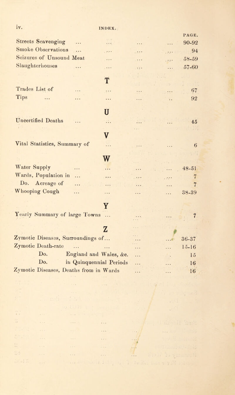 Streets Scavenging PAGE. 90-92 Smoke Observations • • • • . • 94 Seizures of Unsound Meat ... 58-59 Slaughterhouses ... 57-60 Trades List of T 67 Tips • • • • • • 92 Uncertified Deaths U 45 Vital Statistics, Summary of V 6 Water Supply w • • • • • • 48-51 Wards, Population in ... • • • • • • 7 Do. Acreage of • • . ... 7 Whooping Cough 38-39 Yearly Summary of large Towns Y 7 Z § Ip Zymotic Diseases, Surroundings o f... 36-37 Zymotic Death-rate • • • ... 15-16 Do. England and Wales, &c. 15 Do. in Quinquennial Periods 16 Zymotic Diseases, Deaths from in Wards 16
