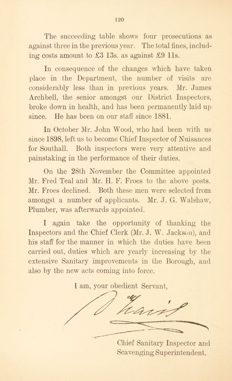The succeeding table shows four prosecutions as against three in the previous year. The total tines, includ- ing costs amount to £3 13s. as against £9 11s. In consequence of the changes which have taken place in the Department, the number of visits are considerably less than in previous years. Mr. James Archbell, the senior amongst our District Inspectors, broke down in health, and has been permanently laid up since. He has been on our staff since 1881. In October Mr. John Wood, who had been with us since 1898, left us to become Chief Inspector of Nuisances for Southall. Both inspectors were very attentive and painstaking in the performance of their duties. On the 28th November the Committee appointed Mr. Fred Teal and Mr. H. F. Froes to the above posts. Mr. Froes declined. Both these men were selected from amongst a number of applicants. Mr. J. G. Walshaw, Plumber, was afterwards appointed. I again take the opportunity of thanking the Inspectors and the Chief Clerk (Mr. J. W. Jackson), and his staff for the manner in which the duties have been carried out, duties which are yearly increasing by the extensive Sanitary improvements in the Borough, and also by the new acts coming into force. I am, your obedient Servant, Scavenging Superintendent.