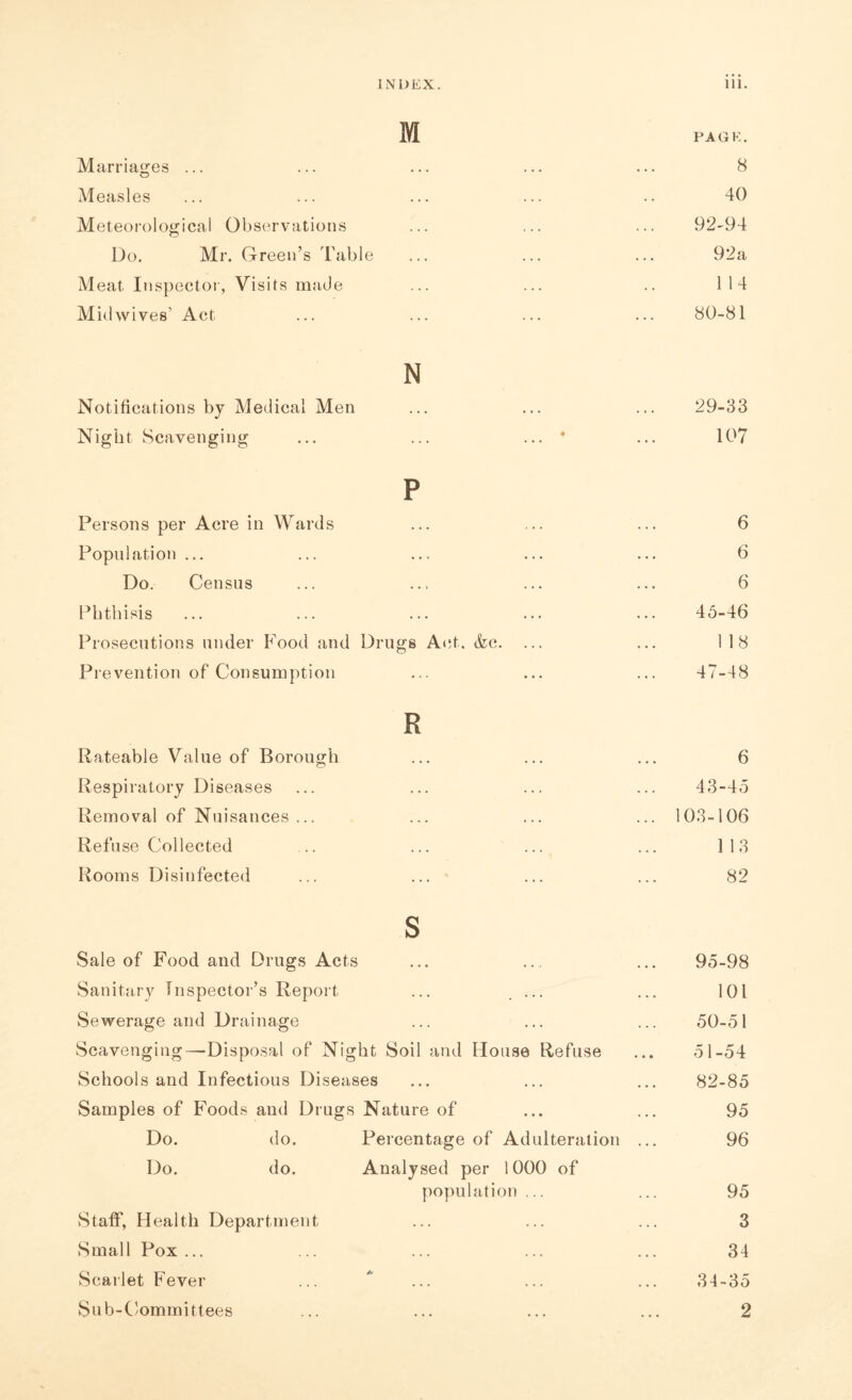 M PAGE. Marriages ... ... ... ... 8 Measles ... ... 40 Meteorological Observations ... ... ... 92-94 Do. Mr. Green’s Table 92a Meat Inspector, Visits made ... ... 1 14 Mid wives’ Act ... 80-81 N Notifications by Medical Men ... ... ... 29-33 Night Scavenging • 107 P Persons per Acre in Wards ... ... ... 6 Population ... ... 6 Do. Census ... ... ... 6 Phthisis ... ... ... 45-46 Prosecutions under Food and Drugs Act. &e. ... 118 Prevention of Consumption ... 47-48 R Rateable Value of Borough ... ... ... 6 Respiratory Diseases ... 43-45 Removal of Nuisances ... ... ... ... 103-106 Refuse Collected ... ... ... 113 Rooms Disinfected ... 82 S Sale of Food and Drugs Acts ... .... ... 95-98 Sanitary Inspector’s Report .... 101 Sewerage and Drainage ... 50-51 Scavenging—Disposal of Nig ht Soil and House Refuse 51-54 Schools and Infectious Diseases 82-85 Samples of Foods and Drugs Nature of 95 Do. do. Percentage of Adulteration ... 96 Do. do. Analysed per 1000 of population ... 95 Staff, Health Department ... 3 Small Pox ... ... ... ... 34 Scarlet Fever *• 34-35 Sub-Committees «•• ... ... 2
