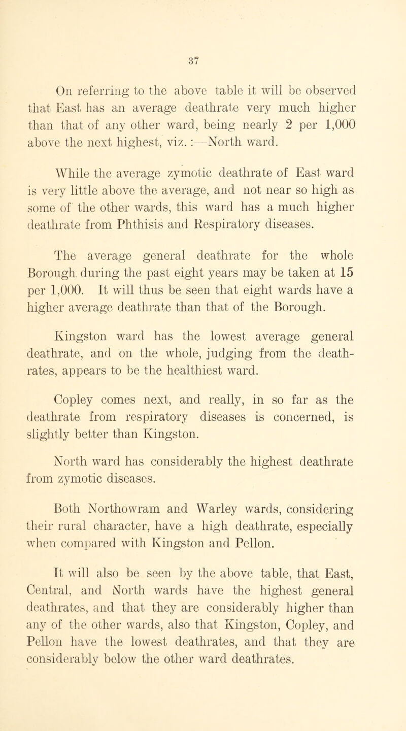 On referring to the above table it will be observed that East has an average deathrate very much higher than that of any other ward, being nearly 2 per 1,000 above the next highest, viz.: North ward. While the average zymotic deathrate of East ward is very little above the average, and not near so high as some of the other wards, this ward has a much higher deathrate from Phthisis and Respiratory diseases. The average general deathrate for the whole Borough during the past eight years may be taken at 15 per 1,000. It will thus be seen that eight wards have a higher average deathrate than that of the Borough. Kingston ward has the lowest average general deathrate, and on the whole, judging from the death- rates, appears to be the healthiest ward. Copley comes next, and really, in so far as the deathrate from respiratory diseases is concerned, is slightly better than Kingston. North ward has considerably the highest deathrate from zymotic diseases. Both Northowram and Warley wards, considering their rural character, have a high deathrate, especially when compared with Kingston and Pellon. It will also be seen by the above table, that East, Central, and North wards have the highest general deathrates, and that they are considerably higher than any of the other wards, also that Kingston, Copley, and Pellon have the lowest deathrates, and that they are considerably below the other ward deathrates.