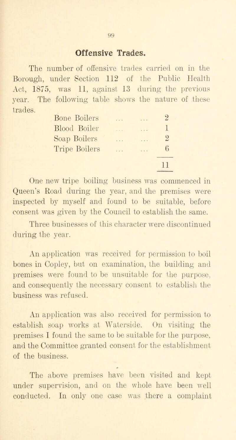 Offensive Trades, The number of offensive trades carried on in the Borough, under Section 112 of the Public Health Act, 1875, was 11, against 13 during the previous year. The following table shows the nature of these trades. Bone Boilers ... ... 2 Blood Boiler ... ... 1 Soap Boilers ... ... 2 Tripe Boilers ... ... 6 11 One new tripe boiling business was commenced in Queen’s Road during the year, and the premises were inspected by myself and found to be suitable, before consent was given by the Council to establish the same. Thi *ee businesses of this character were discontinued during the year. An application was received for permission to boil bones in Copley, but on examination, the building and premises were found to be unsuitable for the purpose, and consequentlv the necessary consent to establish the _L v business was refused. An application was also received for permission to establish soap works at Waterside. On visiting the premises 1 found the same to be suitable for the purpose, and the Committee granted consent for the establishment of the business. * The above premises have been visited and kept under supervision, and on the whole have been well conducted. In only one case was there a complaint