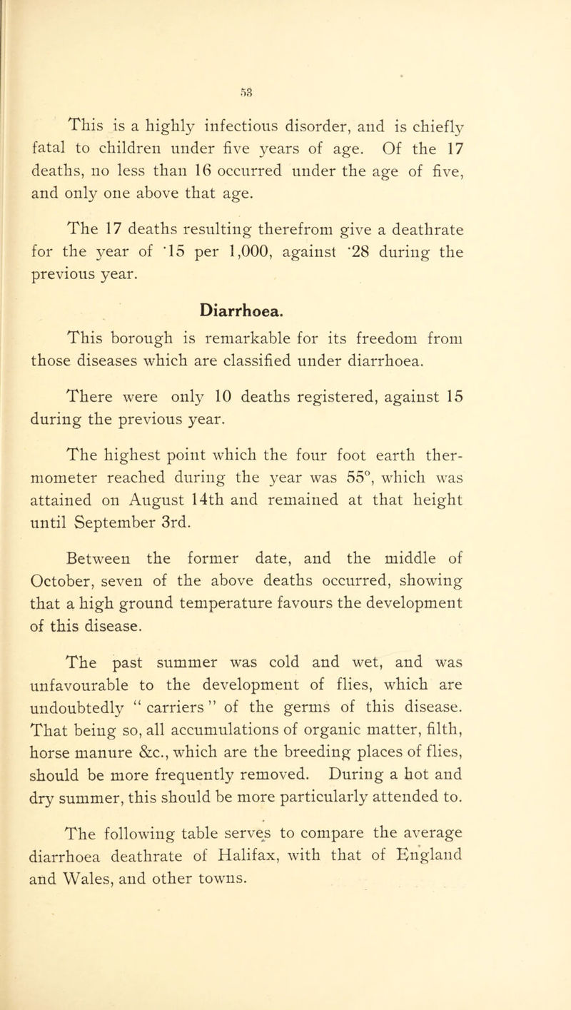 This is a highly infectious disorder, and is chiefly fatal to children under five years of age. Of the 17 deaths, no less than 16 occurred under the age of five, and only one above that age. The 17 deaths resulting therefrom give a deathrate for the year of ’15 per 1,000, against ’28 during the previous year. Diarrhoea. This borough is remarkable for its freedom from those diseases which are classified under diarrhoea. There were only 10 deaths registered, against 15 during the previous year. The highest point which the four foot earth ther- mometer reached during the year was 55°, which was attained on August 14th and remained at that height until September 3rd. Between the former date, and the middle of October, seven of the above deaths occurred, showing that a high ground temperature favours the development of this disease. The past summer was cold and wet, and was unfavourable to the development of flies, which are undoubtedly “carriers” of the germs of this disease. That being so, all accumulations of organic matter, filth, horse manure &c., which are the breeding places of flies, should be more frequently removed. During a hot and dry summer, this should be more particularly attended to. The following table serves to compare the average diarrhoea deathrate of Halifax, with that of England and Wales, and other towns.