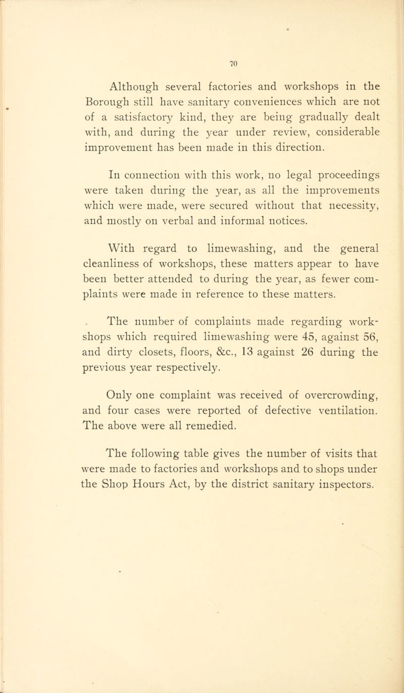 Although several factories and workshops in the Borough still have sanitary conveniences which are not of a satisfactory kind, they are being gradually dealt with, and during the year under review, considerable improvement has been made in this direction. In connection with this work, no legal proceedings were taken during the year, as all the improvements which were made, were secured without that necessity, and mostly on verbal and informal notices. With regard to limewashing, and the general cleanliness of workshops, these matters appear to have been better attended to during the year, as fewer com- plaints were made in reference to these matters. The number of complaints made regarding work- shops which required limewashing were 45, against 56, and dirty closets, floors, &c., 13 against 26 during the previous year respectively. Only one complaint was received of overcrowding, and four cases were reported of defective ventilation. The above were all remedied. The following table gives the number of visits that were made to factories and workshops and to shops under the Shop Hours Act, by the district sanitary inspectors.