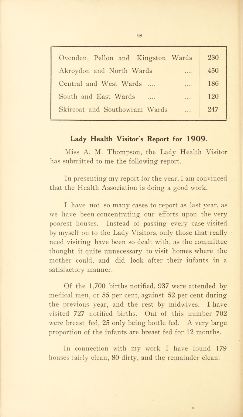 Ovenden, Pellon and Kingston Wards 230 Akroydon and North Wards 450 Central and West Wards .... 186 South and East Wards 120 Skircoat and Southowram Wards 247 Lady Health Visitor’s Report for 1909. Miss A. M. Thompson, the Lady Health Visitor has submitted to me the following report. In presenting my report for the year, I am convinced that the Health Association is doing a good work. I have not so many cases to report as last year, as we have been concentrating our efforts upon the very poorest houses. Instead of passing ever)7 case visited by myself on to the Lady Visitors, only those that really need visiting have been so dealt with, as the committee thought it quite unnecessary to visit homes where the mother could, and did look after their infants in a satisfactory manner. Of the 1,700 births notified, 937 were attended by medical men, or 55 per cent, against 52 per cent during the previous year, and the rest by midwives. I have visited 727 notified births. Out of this number 702 were breast fed, 25 only being bottle fed. A very large proportion of the infants are breast fed for 12 months. In connection with my work I have found 179 houses fairly clean, 80 dirty, and the remainder clean,