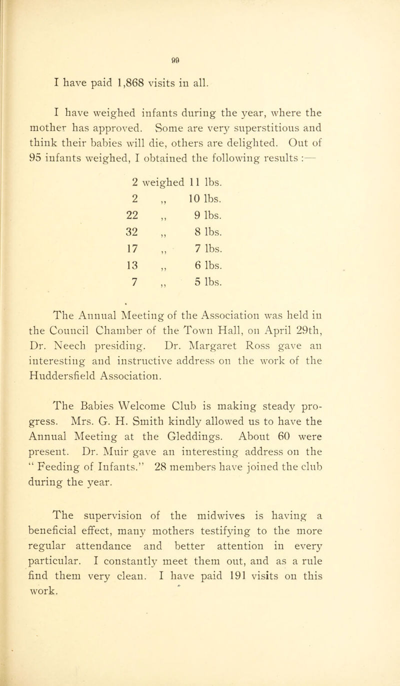 I have paid 1,868 visits in all. I have weighed infants during the year, where the mother has approved. Some are very superstitious and think their babies will die, others are delighted. Out of 95 infants weighed, I obtained the following results 2 weighed 11 lbs. 2 y y 10 lbs. 22 y y 9 lbs. 32 yy 8 lbs. 17 y y 7 lbs. 13 y y 6 lbs. 7 y y 5 lbs. The Annual Meeting of the Association was held in the Council Chamber of the Town Hall, on April 29th, Dr. Neech presiding. Dr. Margaret Ross gave an interesting and instructive address on the work of the Huddersfield Association. The Babies Welcome Club is making steady pro- gress. Mrs. G. H. Smith kindly allowed us to have the Annual Meeting at the Gleddings. About 60 were present. Dr. Muir gave an interesting address on the “ Feeding of Infants.” 28 members have joined the club during the year. The supervision of the midwives is having a beneficial effect, many mothers testifying to the more regular attendance and better attention in every particular. I constantly meet them out, and as a rule find them very clean. I have paid 191 visits on this work.