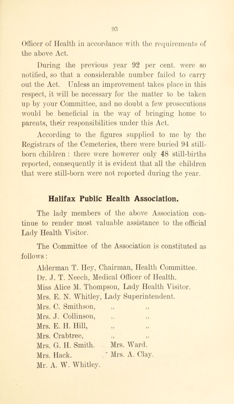 Officer of Health in accordance with the requirements of the above Act. During the previous year 92 per cent, were so notified, so that a considerable number failed to carry out the Act. Unless an improvement takes place in this respect, it will be necessary for the matter to be taken up by your Committee, and no doubt a few prosecutions would be beneficial in the way of bringing home to parents, their responsibilities under this Act. According to the figures supplied to me by the Registrars of the Cemeteries, there were buried 94 still- born children : there were however only 48 still-births reported, consequently it is evident that all the children that were still-born were not reported during the year. Halifax Public Health Association, The lady members of the above Association con- tinue to render most valuable assistance to the official Lady Health Visitor. The Committee of the Association is constituted as follows: Alderman T. Hey, Chairman, Health Committee. Dr. J. T. Neech, Medical Officer of Health. Miss Alice M. Thompson, Lady Health Visitor. Mrs. E. N. Whitley, Lady Superintendent. Mrs. C. Smithson, ,, ,, Mrs. J. Collinson, Mrs. E. H. Hill, ,, „ Mrs. Crabtree, ,, ,, Mrs. G. H. Smith. Mrs. Ward. Mrs. Hack. * Mrs. A. Clay. Mr. A. W. Whitley.