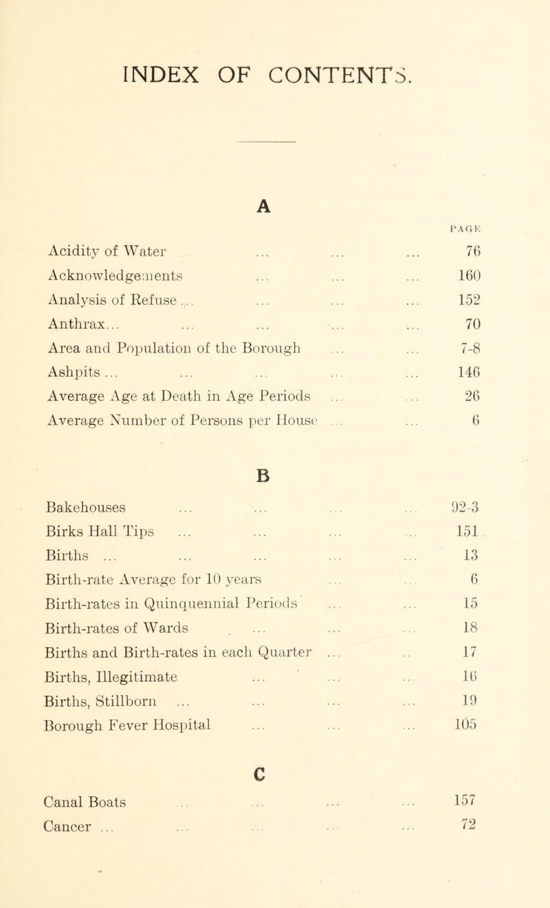 INDEX OF CONTENTS. A PAGE Acidity of Water . ... ... ... 76 Acknowledgements ... ... ... 160 Analysis of Refuse.... ... ... ... 152 Anthrax... ... ... ... ... 70 Area and Population of the Borough ... ... 7-8 Ashpits ... ... ... ... ... 146 Average Age at Death in Age Periods ... 26 Average Number of Persons per House ... ... 6 B Bakehouses ... ... ... ... 92-3 Birks Hall Tips ... ... ... ... 151 Births ... ... ... . . ... 13 Birth-rate Average for 10 years ... 6 Birth-rates in Quinquennial Periods ... ... 15 Birth-rates of Wards . ... ... ... 18 Births and Birth-rates in each Quarter ... .. 17 Births, Illegitimate ... ... ... 16 Births, Stillborn ... ... ... ... 19 Borough Fever Hospital ... ... ... 105 e Canal Boats .. ... ... ••• 157 Cancer ... ... ... ... ••• 72