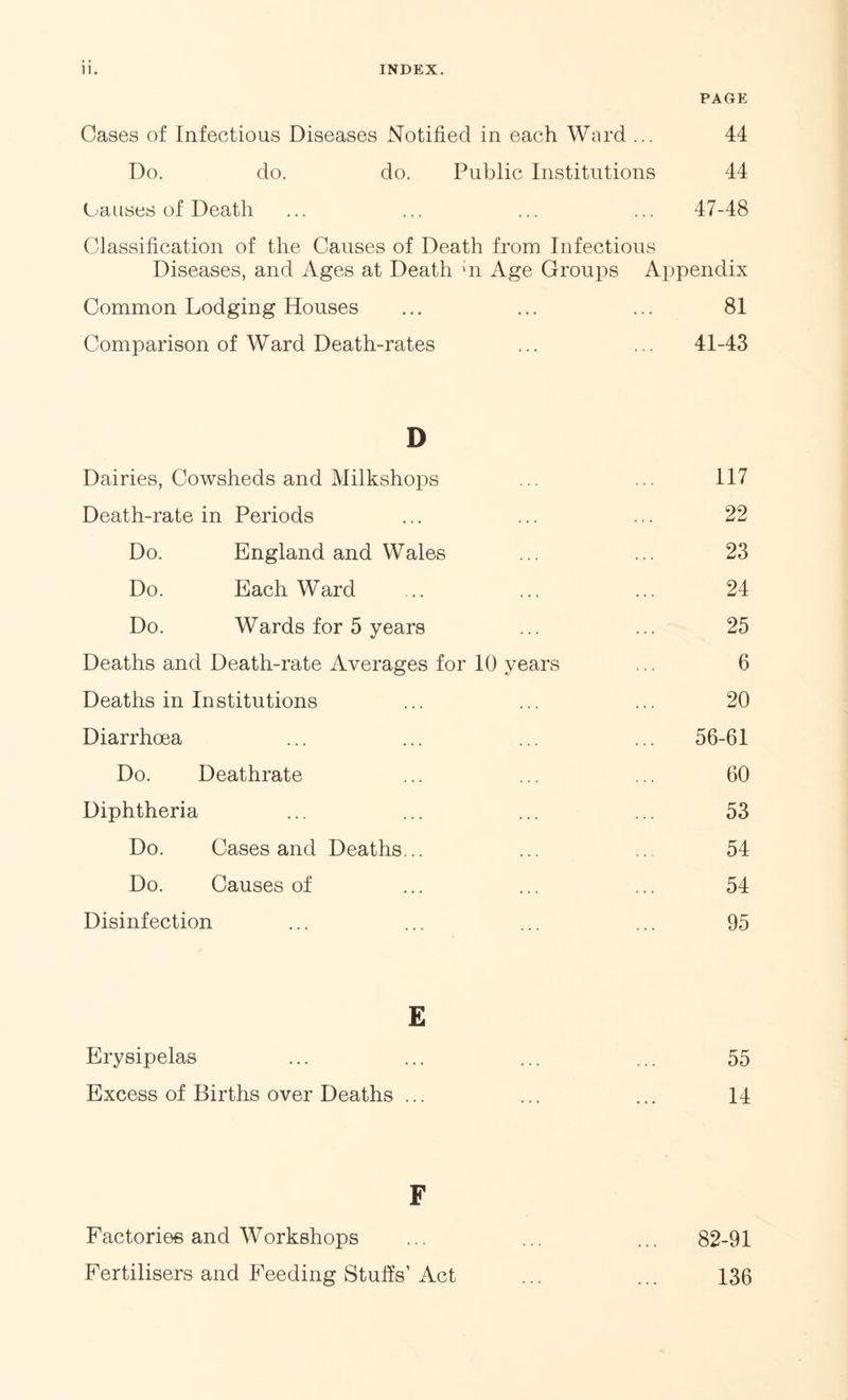 PAGE Cases of Infectious Diseases Notified in each Ward ... 44 Do. do. do. Public Institutions 44 Causes of Death ... ... ... ... 47-48 Classification of the Causes of Death from Infectious Diseases, and Ages at Death m Age Groups Appendix Common Lodging Houses ... ... ... 81 Comparison of Ward Death-rates ... ... 41-43 D Dairies, Cowsheds and Milkshops ... ... 117 Death-rate in Periods ... ... ... 22 Do. England and Wales ... ... 23 Do. Each Ward ... ... ... 24 Do. Wards for 5 years ... ... 25 Deaths and Death-rate Averages for 10 years ... 6 Deaths in Institutions ... ... ... 20 Diarrhoea ... ... ... ... 56-61 Do. Deathrate ... ... ... 60 Diphtheria ... ... ... ... 53 Do. Cases and Deaths... ... ... 54 Do. Causes of ... ... ... 54 Disinfection ... ... ... ... 95 £ Erysipelas ... ... ... ... 55 Excess of Births over Deaths ... ... ... 14 F Factories and Workshops ... ... ... 82-91 Fertilisers and Feeding Stuffs’ Act ... ... 136