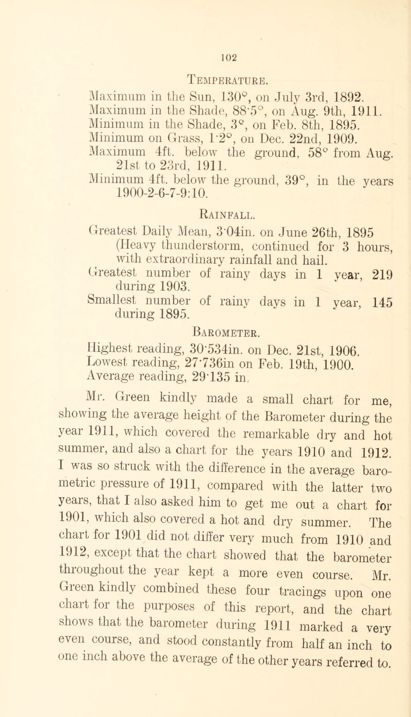 Temperature. Maximum in the Sun, 130°, on July 3rd, 1892. Maximum in the Shade, 88-5°, on Aug. 9th, 1911. Minimum in the Shade, 3Q, on Feb. 8th, 1895. Minimum on Grass, F2°, on Dec. 22nd, 1909. Maximum 4ft. below the ground, 58° from Aug. 21st to 23rd, 1911. Minimum 4ft. below the ground, 39°, in the years 1900-2-6-7-9:10. Rainfall. Greatest Daily Mean, 3*04in. on June 26th, 1895 (Heavy thunderstorm, continued for 3 hours, with extraordinary rainfall and hail. Greatest number of rainy days in 1 year, 219 during 1903. Smallest number of rainy days in 1 year, 145 during 1895. Barometer. Highest reading, 30'534in. on Dec. 21st, 1906. Lowest reading, 27736m on Feb. 19th, 1900. Average reading, 29T35 in. Mi*. Green kindly made a small chart for me, showing the average height of the Barometer during the yeai 1911, which covered the remarkable dry and hot summer, and also a chart for the years 1910 and 1912. I was so struck with the difference in the average baro- metiic piessuie of 1911, compared with the latter two years, that I also asked him to get me out a chart for 1901, which also covered a hot and dry summer. The chart for 1901 did not differ very much from 1910 and 1912, except that the chart showed that the barometer thi oughout the year kept a more even course. Mr. Green kindly combined these four tracings upon one chart for the purposes of this report, and the chart shows that the barometer during 1911 marked a very even course, and stood constantly from half an inch to one inch above the average of the other years referred to.