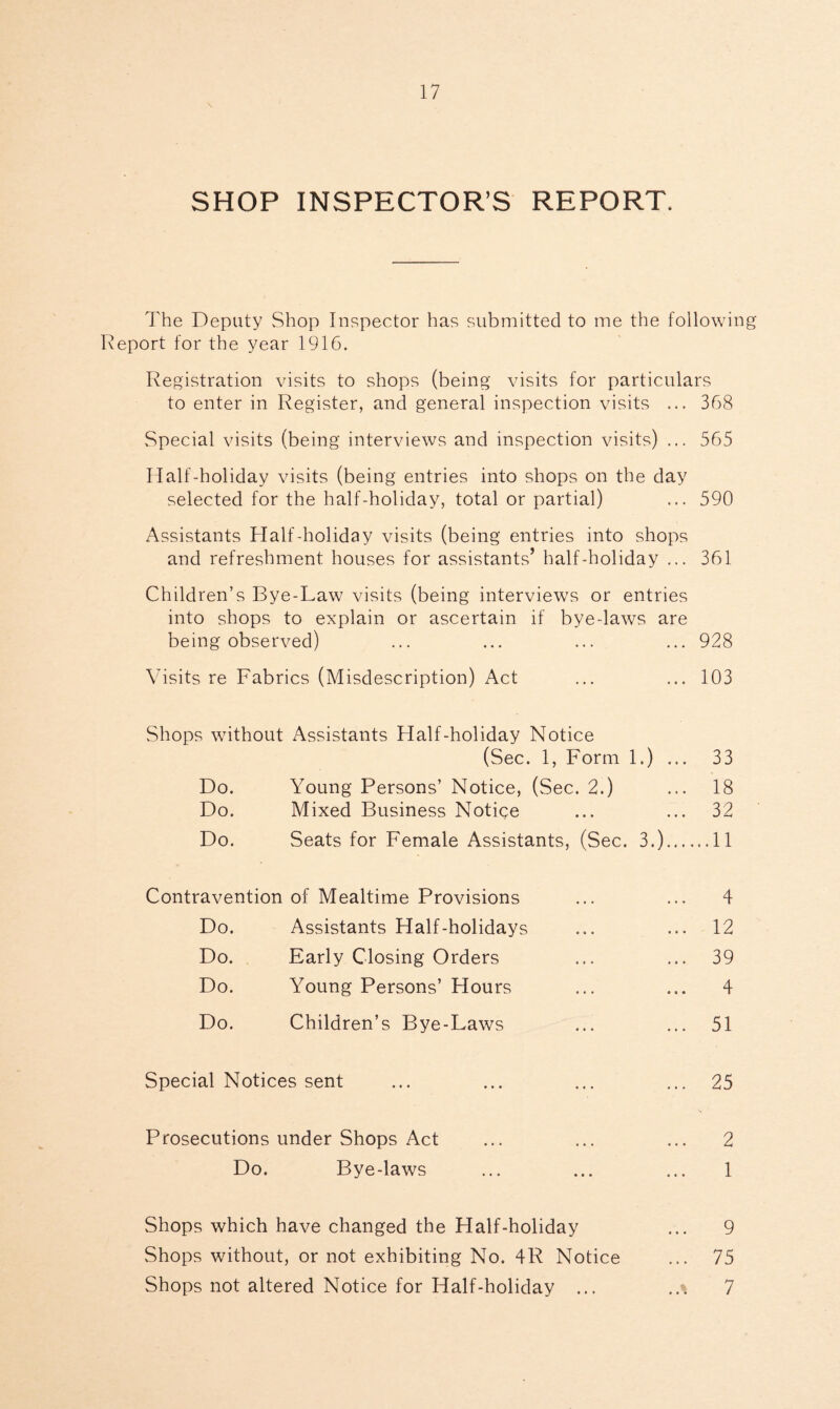 SHOP INSPECTOR’S REPORT. The Deputy Shop Inspector has submitted to me the following Report for the year 1916. Registration visits to shops (being visits for particulars to enter in Register, and general inspection visits ... 368 Special visits (being interviews and inspection visits) ... 565 Half-holiday visits (being entries into shops on the day selected for the half-holiday, total or partial) ... 590 Assistants Half-holiday visits (being entries into shops and refreshment houses for assistants’ half-holiday ... 361 Children’s Bye-Law visits (being interviews or entries into shops to explain or ascertain if bye-laws are being observed) ... ... ... ... 928 Visits re Fabrics (Misdescription) Act ... ... 103 Shops without Assistants Half-holiday Notice (Sec. 1, Form 1.) ... 33 Do. Young Persons’ Notice, (Sec. 2.) ... 18 Do. Mixed Business Notice ... ... 32 Do. Seats for Female Assistants, (Sec. 3.) 11 Contravention of Mealtime Provisions ... ... 4 Do. Assistants Half-holidays ... ... 12 Do. Early Closing Orders ... ... 39 Do. Young Persons’ Hours ... ... 4 Do. Children’s Bye-Laws ... ... 51 Special Notices sent ... ... ... ... 25 Prosecutions under Shops Act ... ... ... 2 Do. Bye-laws ... ... ... 1 Shops which have changed the Half-holiday ... 9 Shops without, or not exhibiting No. 4R Notice ... 75 Shops not altered Notice for Half-holiday ... ... 7