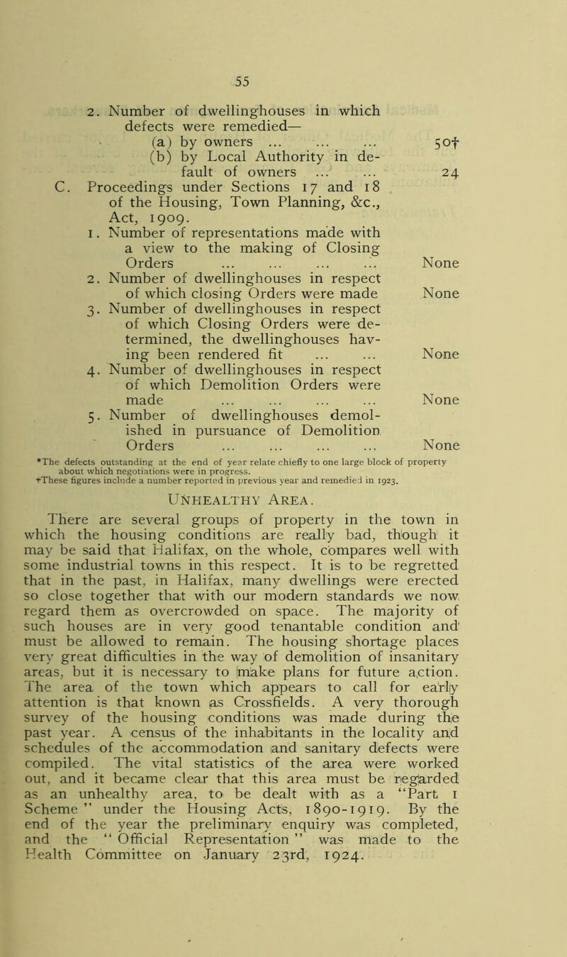 2. Number of dwellinghouses in which defects were remedied— (a) by owners ... 5 of (b) by Local Authority in de- fault of owners 24 Proceedings under Sections 17 and 18 of the Housing, Town Planning, &c., Act, 1909. 1. Number of representations made with a view to the making of Closing Orders None 2. Number of dwellinghouses in respect of which closing Orders were made None 3. Number of dwellinghouses in respect of which Closing Orders were de- termined, the dwellinghouses hav- ing been rendered fit None 4. Number of dwellinghouses in respect of which Demolition Orders were made None 5. Number of dwellinghouses demol- ished in pursuance of Demolition Orders None •The defects outstanding at the end of year relate chiefly to one large block of property about which negotiations were in progress. tThese figures include a number reported in previous year and remedied in 1923. Unhealthy Area. There are several groups of property in the town in which the housing conditions are really bad, though it may be said that Halifax, on the whole, compares well with some industrial towns in this respect. It is to be regretted that in the past, in Halifax, many dwellings were erected so close together that with our modern standards we now regard them as overcrowded on space. The majority of such houses are in very good tenantable condition and' must be allowed to remain. The housing shortage places very great difficulties in the way of demolition of insanitary areas, but it is necessary to (make plans for future action. The area of the town which appears to call for early attention is that known as Crossfields. A very thorough survey of the housing conditions was made during the past year. A census of the inhabitants in the locality afid schedules of the accommodation and sanitary defects were compiled. The vital statistics of the area were worked out, and it became clear that this area must be regarded as an unhealthy area, to be dealt with as a “Part i Scheme ” under the Housing Acts, 1890-1919. By the end of the year the preliminary enquiry was completed, and the “ Official Representation ” was made to the Health Committee on January 23rd, 1924.