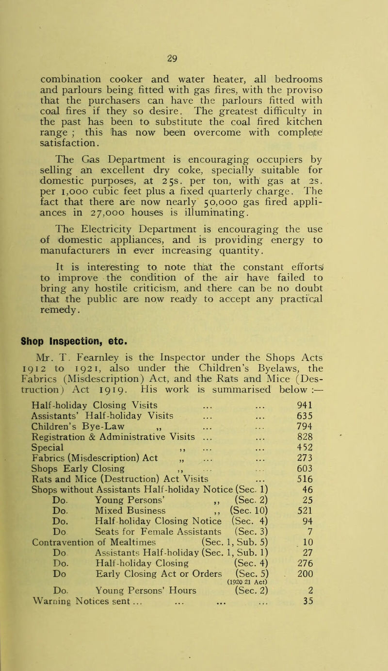 combination cooker and water heater, all bedrooms and parlours being fitted with gas fires, with the proviso that the purchasers can have the parlours fitted with coal fires if they so desire. The greatest difficulty in the past has been to substitute the coal fired kitchen range ; this has now been overcome with complete' satisfaction. The Gas Department is encouraging occupiers by selling an excellent dry coke, specially suitable for domestic purposes, at 25s. per ton, with gas at 2s. per 1,000 cubic feet plus a fixed quarterly charge. The fact that there are now nearly 50,000 gas fired appli- ances in 27,000 houses is illuminating. The Electricity Department is encouraging the use of domestic appliances, and is providing energy to manufacturers in ever increasing quantity. It is interesting to note thjaf the constant efforts! to improve the condition of the air have failed to bring any hostile criticism, and there can be no doubt that the public are now ready to accept any practical remedy. Shop Inspection, etc. Mr. T. Fearnley is the Inspector under the Shops Acts 1912 to 1921, also under thte Children’s Byelaws, the Fabrics (Misdescription) Act, and the Rats and Mice (Des- truction) Act 1919. His work is summarised below:— Half-holiday Closing Visits ... ... 941 Assistants’ Half-holiday Visits ... ... 635 Children’s Bye-Law ,, ... ... 794 Registration & Administrative Visits ... ... 828 Special ,, ... ... 452 Fabrics (Misdescription) Act „ ... ... 273 Shops Early Closing ,, 603 Rats and Mice (Destruction) Act Visits ... 516 Shops without Assistants Half-holiday Notice (Sec. 1) 46 Do. Young Persons’ ,, (Sec. 2) 25 Do. Mixed Business ,, (Sec. 10) 521 Do. Half-holiday Closing Notice (Sec. 4) 94 Do Seats for Female Assistants (Sec. 3) 7 Contravention of Mealtimes (Sec. 1, Sub. 5) 10 Do Assistants Half-holiday (Sec. 1, Sub. 1) 27 Do. Half-holiday Closing (Sec. 4) 276 Do Early Closing Act or Orders (Sec. 5) 200 (1920 21 Act) Do. Young Persons’ Hours (Sec. 2) 2 Warning Notices sent ... ... ... ... 35