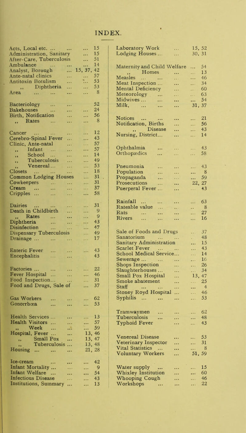 INDEX. Acts, Local etc. ... ... 15 Administration, Sanitary ... 15 After-Care, Tuberculosis ... 51 Ambulance ... 14 Analyst, Borough 15. 37, 42 Ante-natal clinics ... 57 Antitoxin Botulism *.. 53 ,, Diphtheria ... ... 53 Area ... 8 Bacteriology 52 Bakehouses ... 24 Birth, Notification ... 56 ,, Rates ... 8 Cancer ... 12 Cerebro-Spinal Fever ... ... 43 Clinic, Ante-natal ... 57 ,, Infant ... 57 ,, School ... ... 14 ,, Tuberculosis ... 49 ,, Venereal... ... 53 Closets ... 18 Common Lodging Houses ... 31 Cowkeepers ... 31 Cream ... 37 Cripples ... ... 58 Dairies ... 31 Death in Childbirth 9 „ Rates ... 9 Diphtheria ... 43 Disinfection ... 47 Dispensary Tuberculosis ... 49 Drainage ... ... 17 Enteric Fever ... 43 Encephalitis 43 Factories ... ... 22 Fever Hospital ... ... 46 Food Inspection... ... 31 Food and Drugs, Sale of ... 37 Gas Workers ... 62 Gonorrhoea ... 53 Health Services ... ... 13 Health Visitors ... ... 57 „ Week ... 59 Hospital, Fever ... 13, 46 ,, Small Pox 13, 47 ,, Tuberculosis ... 13, 48 Housing 21, 28 Ice-cream ... 42 Infant Mortality ... 9 Infant Welfare ... ... 54 Infectious Disease ... 43 Institutions, Summary ... ... 13 Laboratory Work 15, 52 Lodging Houses ... 30, 31 Maternity and Child Welfare ... 54 ,, Homes ... 13 Measles ... ... 46 Meat Inspection ... ... 34 Mental Deficiency 60 Meteorology ... 63 Midwives... ... 54 Milk 31, 37 Notices ... 21 Notification, Births ... 56 ,, Disease ... 43 Nursing, District... ... 14 Ophthalmia ... 43 Orthopsedics ... 58 Pneumonia ... 43 Population 8 Propaganda ... 59 Prosecutions 22, 27 Puerperal Fever ... ... 43 Rainfall ... ... 63 Rateable value ... 8 Rats ... 27 Rivers ... 16 Sale of Foods and Drugs ... 37 Sanatorium 48 Sanitary Administration ... 15 Scarlet Fever ... 43 School Medical Service... ... 14 Sewerage ... ... 16 Shops Inspection ... 26 Slaughterhouses ... ... 34 Small Pox Hospital 13, 47 Smoke abatement ... 25 Staff 4 Stoney Royd Hospital ... ... 46 Syphilis ... ... 53 Tramwaymen ... 62 Tuberculosis ... 48 Typhoid Fever ... 43 Venereal Disease ... 53 Veterinary Inspector ... 31 Vital Statistics ... 8 Voluntary Workers 51, 59 Water supply ... 15 Whixley Institution ... 60 Whooping Cough ... 46 Workshops ... 22