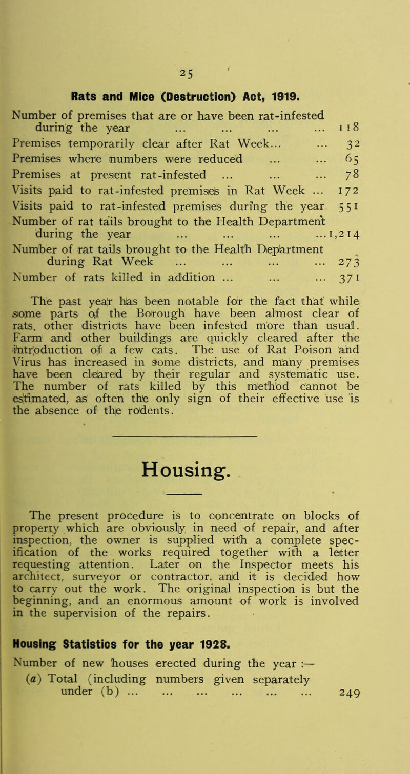 Rats and Mice (Destruction) Act, 1919. Number of premises that are or have been rat-infested during the year ... ... ... ... 118 Premises temporarily clear after Rat Week... ... 32 Premises where numbers were reduced ... ... 65 Premises at ptesent rat-infested ... ... ••• 78 Visits paid to rat-infested premises in Rat Week ... 172 Visits paid to rat-infested premises during the year 551 Number of rat tails brought to the Health Department during the year ... ... ... ...1,214 Number of rat tails brought to the Health Department during Rat Week ... ... ... ... 273 Number of rats killed in addition ... ... ... 371 The past yea!r has been notable for the fact 'that while siome parts of the Borough have been almost clear of rats, other districts have been infested more than usual. Farm and other buildings are quickly cleared after the introduction of a few cats. The use of Rat Poison and Virus has increased in some districts, and many premises have been cleared by their regular and systematic use. The number of rats killed by this method cannot be estimated, as often the only sign of their effective use i,s the absence of the rodents. Housing. The present procedure is to concentrate on blocks of property which are obviously in need of repair, and after inspection, the owner is supplied with a complete spec- ification of the works required together with a letter requesting attention. Later on the Inspector meets his architect, surveyor or contractor, and it is decided how to carry out the work. The original inspection is but the beginning, and an enormous amount of work is involved in the supervision of the repairs. Housing Statistics for the year 1928. Number of new houses erected during the year :— (a) Total (including numbers given separately under (b) ... 249