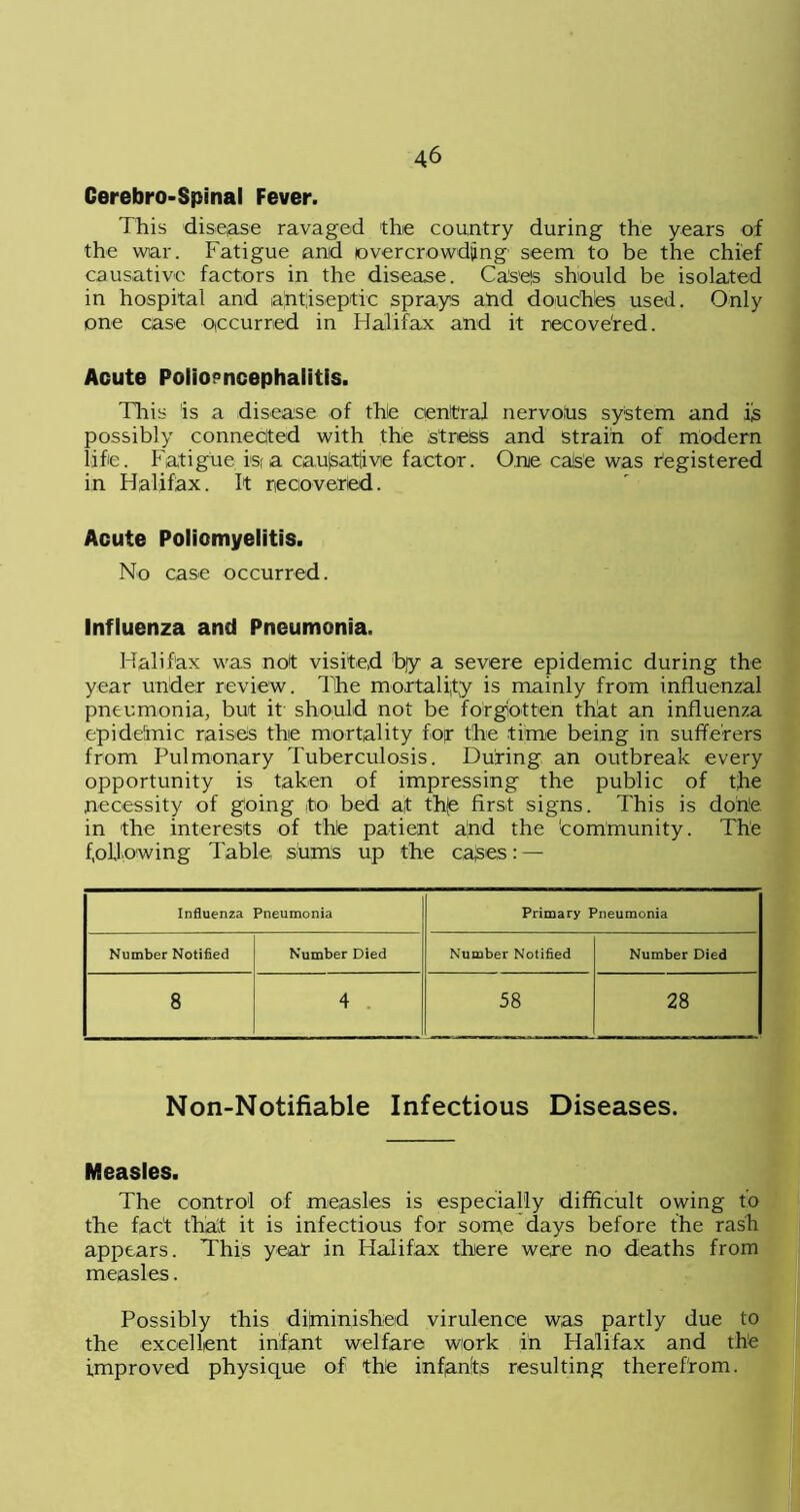 Cerebro-Spinal Fever. This disease ravaged the country during the years of the war. Fatigue and overcrowding seem to be the chief causative factors in the disease. Cases should be isolated in hospital and aht;iseptic sprays and douches used. Only one case occurred in Halifax and it recovered. Acute Polioencephalitis. This is a disease of thle central nervous system and i|s possibly connected with the strelsS and strain of modern life. Fatigue i'Sfa causative factor. One cals’e was fegistered in Halifax. It recovered. Acute Poliomyelitis. No case occurred. Influenza and Pneumonia. Halifax was not visited by a severe epidemic during the year under review. The mortality is mainly from influenzal pneumonia, but it should not be forgiotten that an influenza epideinic raises the mortality fof the time being in sufferers from Pulmonary Tuberculosis. During an outbreak every opportunity is taken of impressing the public of the necessity of going to bed at th(e first signs. This is dohe in the interests of the patient and the 'community. The following Table, sums up the cases: — Influenza Pneumonia Primary Pneumonia Number Notified Number Died Number Notified Number Died 8 4 58 28 Non-Notifiable Infectious Diseases. Measles. The control of measles is especially difficult owing to the fact that it is infectious for sorpe days before the rash appears. This year in Halifax there were no deaths from measles. Possibly this difninished virulence was partly due to the excellent infant welfare work in Halifax and the improved physique of the infants resulting therefrom.