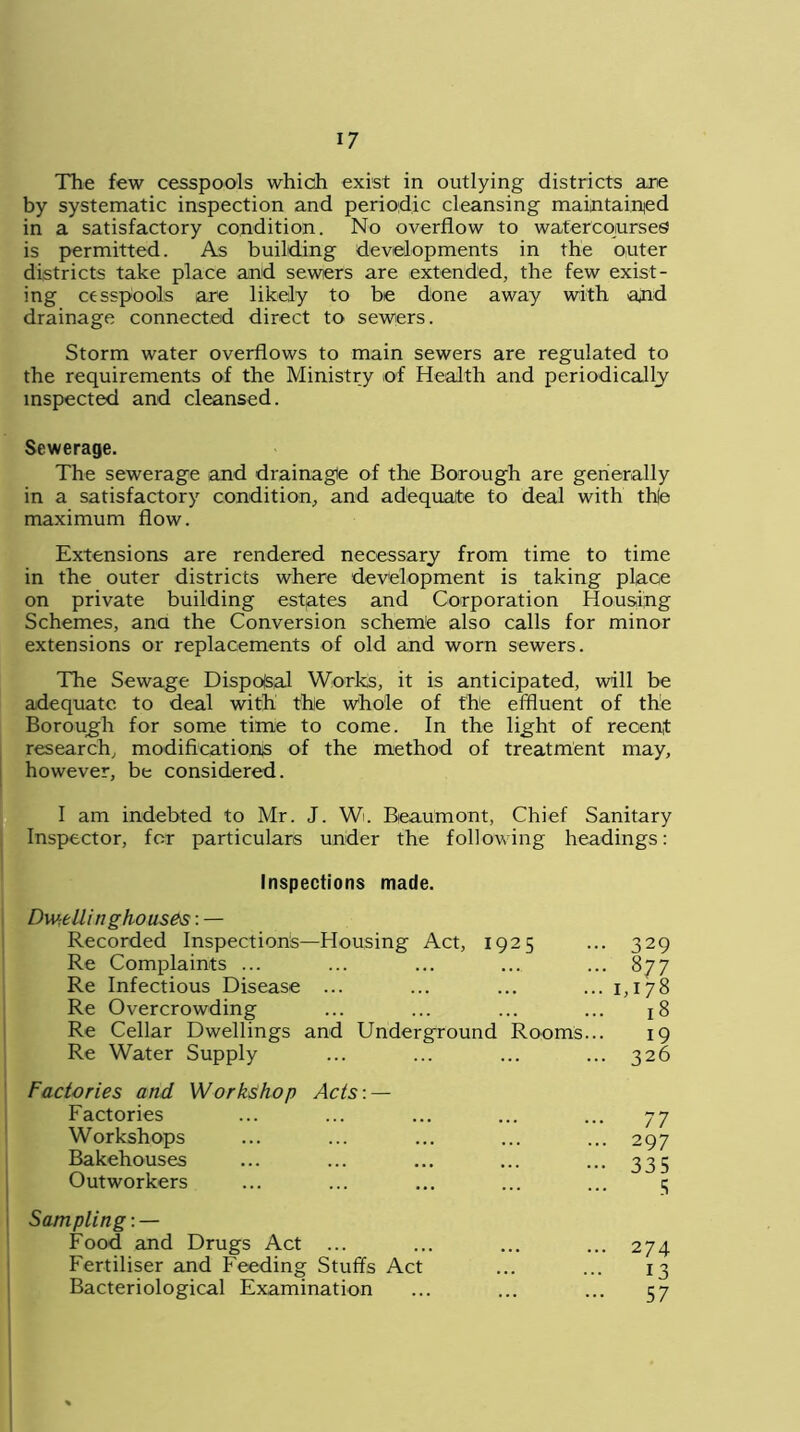 The few cesspools which exist in outlying districts are by systematic inspection and periodic cleansing maintairned in a satisfactory condition. No overflow to watercourses is permitted. As building developments in the outer districts take place and sewers are extended, the few exist- ing cesspools are likely to be done away with ajid drainage connected direct to sewers. Storm water overflows to main sewers are regulated to the requirements of the Ministry of Health and periodically inspected and cleansed. Sewerage. The sewerage and drainage of the Borough are generally in a satisfactory condition, and adequate to deal with th|e maximum flow. Extensions are rendered necessary from time to time in the outer districts where development is taking plaGe on private building estates and Corporation Housijig Schemes, ana the Conversion schem'e also calls for minor extensions or replacements of old and worn sewers. The Sewage Disposal Works, it is anticipated, will be adequate to deal with thle whole of the effluent of the Borough for some time to come. In the light of recent research, modifications of the method of treatment may, however, be considered. I am indebted to Mr. J. Wi. Beaumont, Chief Sanitary Inspector, for particulars under the following headings: Inspections made. Dwelling houses: — Recorded Inspections—Housing Act, 1925 Re Complaints ... Re Infectious Disease ... Re Overcrowding Re Cellar Dwellings and Underground Rooms... Re Water Supply Factories and Workshop Acts: — Factories Workshops Bakehouses Outworkers Sampling:— Food and Drugs Act ... Fertiliser and Feeding Stuffs Act Bacteriological Examination 329 8 77 1,178 18 19 326 77 297 335 5 274 13 57