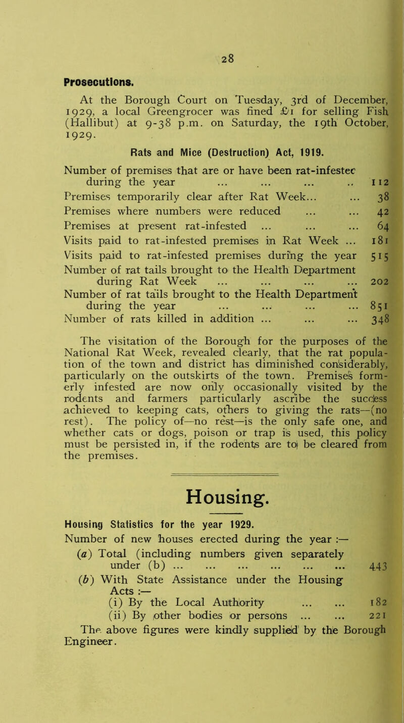Prosecutions. At the Borough Court on Tuesday, 3rd of December, 1929, a local Greengrocer was fined £u for selling Fish (Hallibut) at 9-38 p.m. on Saturday, the 19th October, 1929- Rats and Mice (Destruction) Act, 1919. Number of premises that are or have been rat-infestec during the year ... ... ... .. 112 Premises temporarily clear after Rat Week... ... 38 Premises where numbers were reduced ... ... 42 Premises at present rat-infested ... ... ... 64 Visits paid to rat-infested premises ip Rat Week ... 181 Visits paid to rat-infested premises during the year 515 Number of rat tails brought to the Health Department during Rat Week ... ... ... ... 202 Number of rat tails brought to the Health Department during the year ... ... ... ... 851 Number of rats killed in addition ... ... ... 348 The visitation of the Borough for the purposes of the National Rat Week, revealed clearly, that the rat popula- tion of the town and district has diminished considerably, particularly on the outskirts of the town. Premises form- erly infested are now only occasionally visited by the rodents and farmers particularly ascribe the sucdess achieved to keeping cats, others to giving the rats—(no rest). The policy of—no rest—is the only safe one, and whether cats or dogs, poison or trap is used, this policy must be persisted in, if the rodents are toj be cleared from the premises. Housing. Housing Statistics for the year 1929. Number of new houses erected during the year (a) Total (including numbers given separately under (b) 443 (b) With State Assistance under the Housing Acts :— (i) By the Local Authority 182 (ii) By pther bodies or persons 221 The above figures were kindly supplied by the Borough Engineer.