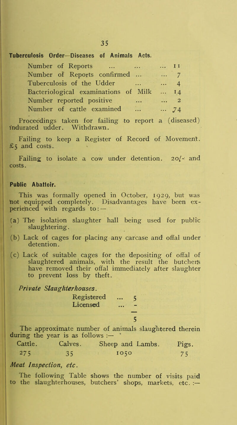 Tuberculosis Order—Diseases of Animals Acts, Number of Reports ... ... ... I i Number of Reports confirmed ... ... 7 Tuberculosis of the Udder ... ... 4 Bacteriological examinations of Milk ... 14 Number reported positive ... ... 2 Number of cattle examined ... ... 74 Proceedings taken for failing to report a (diseased) indurated udder. Withdrawn. Failing to keep a Register of Record of Movement:. £5 and costs. Failing to isolate a cow under detention. 20/- and costs. Public Abattoir. This was formally opened in October, 1929, but was hot equipped completely. Disadvantages have been ex- perienced with regards to : — (a) The isolation slaughter hall being used for public slaughtering. (b) Lack of cages for placing any qarcase and offal under detention. (c) Lack of suitable cages for the depositing of offal of slaughtered animals, with the result the butchers have removed their offal immediately after slaughter to prevent loss by theft. Private Slaughterhouses. Registered ... 5 Licensed 5 The approximate number of animals slaughtered therein during the year is as follows :— * Cattle. Calves. Sheep and Lambs. Pigs. 275 35 1050 75 Meat Inspection, etc. The following Table shows the number of visits paid to the slaughterhouses, butchers’ shops, markets, etc.