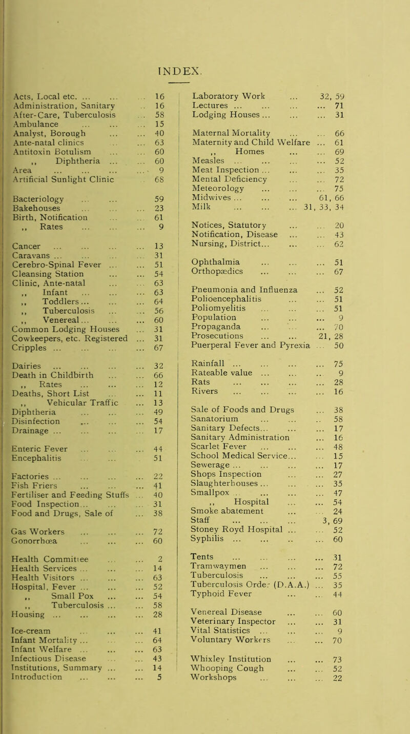 INDEX. Acts, I.ocal etc. ... 16 Administration, Sanitary . 16 After-Care, Tuberculosis . 58 Ambulance .. 15 Analyst, Borough .. 40 Ante-natal clinics .. 63 Antitoxin Botulism .. 60 ,, Diphtheria ... .. 60 Area - 9 Artificial Sunlight Clinic . 6S Bacteriology 59 Bakehouses .. 23 Birth, Notification 61 ,, Rates 9 Cancer . 13 Caravans ... 31 Cerebro-Spinal Fever ... ,. 51 Cleansing Station .. 54 Clinic, Ante-natal 63 ,, Infant .. 63 ,, Toddlers... . 64 ,, Tuberculosis .. 56 ,, Venereal... .. 60 Common Lodging Houses . 31 Cowkeepers, etc. Registered . 31 Cripples ... .. 67 Dairies . 32 Death in Childbirth . 66 ,, Rates . 12 Deaths, Short List . 11 ,, Vehicular Traffic . 13 Diphtheria . 49 Disinfection . 54 Drainage ... . 17 Enteric Fever . 44 Encephalitis 51 Factories ... . 22 Fish Friers . 41 Fertiliser and Feeding Stuffs . 40 Food Inspection... . 31 Food and Drugs, Sale of . 38 Gas Workers . 72 Gonorrhoea . 60 Health Committee . 2 Health Services ... . 14 Health Visitors ... . 63 Hospital, Fever ... . 52 ,, Small Pox . 54 ,, Tuberculosis ... . 58 Housing ... . 28 Ice-cream . 41 Infant Mortality ... . 64 Infant Welfare ... . 63 Infectious Disease . 43 Institutions, Summary ... . 14 Introduction . 5 Laboratory Work ... 32, 59 Lectures ... ... ... ... 71 Lodging Houses... ... ... 31 Maternal Mortality ... ... 66 Maternity and Child Welfare ... 61 ,, Homes ... ... 69 Measles ... ... ... ... 52 Meat Inspection ... ... ... 35 Mental Deficiency ... .. 72 Meteorology ... ... ... 75 Midwives... ... ... 61,66 Milk 31,33,34 Notices, Statutory ... ... 20 Notification, Disease ... ... 43 Nursing, District... ... ... 62 Ophthalmia ... ... ... 51 Orthopaedics ... ... ... 67 Pneumonia and Influenza ... 52 Polioencephalitis ... ... 51 Poliomyelitis ... ... ... 51 Population ... ... ... 9 Propaganda ... ... 70 Prosecutions ... ... 21, 28 Puerperal Fever and Pyrexia 50 Rainfall ... ... ... ... 75 Rateable value ... ... .. 9 Rats ... ... ... ... 28 Rivers ... ... ... ... 16 Sale of Foods and Drugs ... 38 Sanatorium ... ... .. 58 Sanitary Defects... ... ... 17 Sanitary Administration ... 16 Scarlet Fever ... ... ... 48 School Medical Service... ... 15 Sewerage ... ... ... ... 17 Shops Inspection ... ... 27 Slaughterhouses... ... ... 35 Smallpox . ... ... ... 47 ,, Hospital ... ... 54 Smoke abatement ... 24 Staff 3. 69 Stoney Royd Hospital ... ... 52 Syphilis ... ... .. ... 60 Tents ... ... ... 31 Tramwaymen ... ... ... 72 Tuberculosis ... ... ... 55 Tuberculosis Order (D.A.A.) ... 35 Typhoid Fever ... .. 44 Venereal Disease ... ... 60 Veterinary Inspector ... ... 31 Vital Statistics ... ... ... 9 Voluntary Workers ... ... 70 Whixley Institution ... ... 73 Whooping Cough ... ... 52 Workshops ... ... ... 22