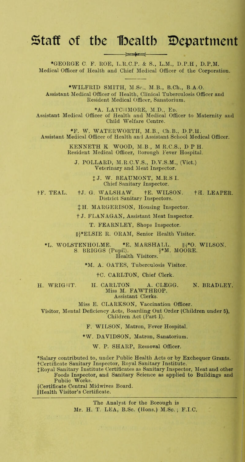 Staff of tbe Ibealtb Department •GEORGE C F. ROE, L.R.C.P. & S., L.M., D.P.H, D.P.M. Medical Officer of Health and Chief Medical Officer of the Corporation. •WILFRID SMITH, M.S<\, M B., B.Ch., B.A.O. Assistant Medical Officer of Health, Clinical Tuberculosis Officer and Resident Medical Officer, Sanatorium. •A. LATCH MO RE, M.D., Ed. Assistant Medical Officer of Health and Medical Officer to Maternity and Child Welfare Centre. •F. W. WATERWORTH, M.B., Ch.B.. D.P.H. Assistant Medical Officer of Health and Assistant School Medical Officer. KENNETH K WOOD, M.B., M R.C.S., D P H. Resident Medical Officer, Borough Fever Hospital. J. POLLARD, M.R.C.Y.S., D.Y.S.M., (Viet.) Veterinary and Meat Inspector. + J. W. BEAUMONT, M.R.S I. Chief Sanitary Inspector. + F. TEAL. tJ. G. WALSHAW. tE. WILSON. tH. LEAPER. District Sanitary Inspectors. JH. MARGERISON, Housing Inspector, t J. FLANAGAN, Assistant Meat Inspector. T. FEARNLEY, Shops Inspector. ||§*ELSIE R. ORAM, Senior Health Visitor. *L. WOLSTENHOLME. *E. MARSHALL. IU*0. WILSON. S BRIGGS (Pupil). $*M. MOORE. Health Visitors. •M. A. OATES, Tuberculosis Visitor. tC. CARLTON, Chief Clerk. H. WRIGHT. H. CARLTON A. CLEGG. N. BRADLEY. Miss M. FAWTHROP. Assistant Clerks. Miss E. CLARKSON, Vaccination Officer. Visitor, Mental Deficiency Acts, Boarding Out Order (Children under 5), Children Act (Part I). F. WILSON, Matron, Fever Hospital. *W. DAVIDSON, Matron, Sanatorium. W. P. SHARP, Removal Officer. •Salary contributed to, under Public Health Acts or by Exchequer Grants. tCertificate Sanitary Inspector, Royal Sanitary Institute. % Royal Sanitary Institute Certificates as Sanitary Inspector, Meat and other Foods Inspector, and Sanitary Science as applied to Buildings and Public Works. ^Certificate Central Midwives Board. ||Health Visitor’s Certificate. The Analyst for the Borough is Mr. H. T. LEA, B.Sc. (Hons.) M.Sc. ; F.I.C,