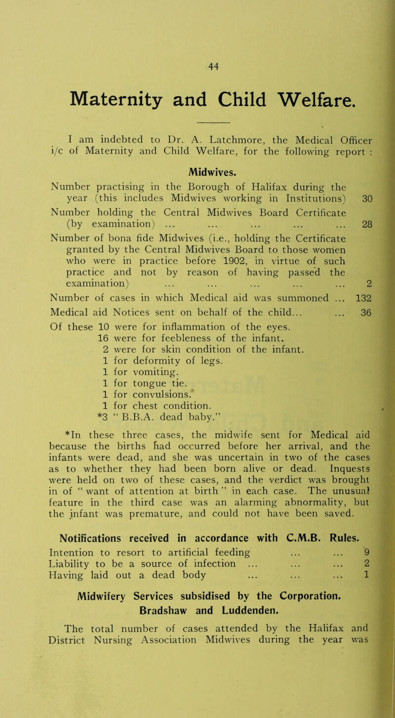 Maternity and Child Welfare. I am indebted to Dr. A. Latchmore, the Medical Officer i/c of Maternity and Child Welfare, for the following report : Midwives. Number practising in the Borough of Halifax during the year (this includes Midwives working in Institutions) 30 Number holding the Central Midwives Board Certificate (by examination) ... ... ... ... ... 28 Number of bona fide Midwives (i.e., holding the Certificate granted by the Central Midwives Board to those women who were in practice before 1902, in virtue of such practice and not by reason of having passed the examination) ... ... ... ... ... 2 Number of cases in which Medical aid was summoned ... 132 Medical aid Notices sent on behalf of the child... ... 36 Of these 10 were for inflammation of the eyes. 16 were for feebleness of the infant. 2 were for skin condition of the infant. 1 for deformity of legs. 1 for vomiting. 1 for tongue tie. 1 for convulsions. 1 for chest condition. *3 “ B.B.A. dead baby.” *In these three cases, the midwife sent for Medical aid because the births had occurred before her arrival, and the infants were dead, and she was uncertain in two of the cases as to whether they had been born alive or dead. Inquests were held on two of these cases, and the verdict was brought in of “ want of attention at birth ” in each case. The unusual feature in the third case was an alarming abnormality, but the infant was premature, and could not have been saved. Notifications received in accordance with C.M.B. Rules. Intention to resort to artificial feeding ... ... 9 Liability to be a source of infection ... ... ... 2 Having laid out a dead body ... ... ... 1 Midwifery Services subsidised by the Corporation. Bradshaw and Luddenden. The total number of cases attended by the Halifax and District Nursing Association Midwives during the year was