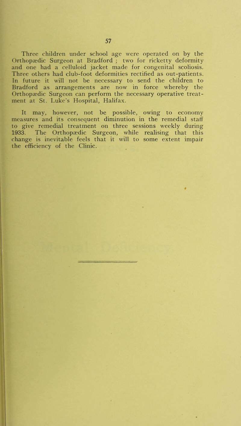 Three children under school age were operated on by the Orthopaedic Surgeon at Bradford ; two for ricketty deformity and one had a celluloid jacket made for congenital scoliosis. Three others had club-foot deformities rectified as out-patients. In future it will not be necessary to send the children to Bradford as arrangements are now in force whereby the Orthopaedic Surgeon can perform the necessary operative treat- ment at St. Luke’s Hospital, Halifax. It may, however, not be possible, owing to economy measures and its consequent diminution in the remedial staff to give remedial treatment on three sessions weekly during 1933. The Orthopaedic Surgeon, while realising that this change is inevitable feels that it will to some extent impair the efficiency of the Clinic. 4