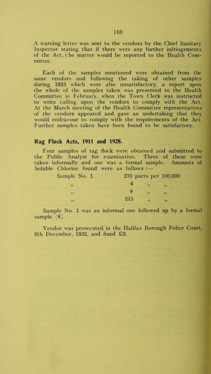 A warning letter was sent to the vendors by the Chief Sanitary Inspector stating that if there were any further infringements of the Act, t he matter would be reported to the Health Com- mittee. Each of the samples mentioned were obtained from the same vendors and following the taking of other samples during 1933 which w'ere also unsatisfactory, a report upon the whole of the samples taken u'as presented to the Health Committee in February, when the Town Clerk was instructed to v'rite calling upon the vendors to comply with the Act. At the March meeting of the Health Committee representatives of the vendors appeared and gave an undertaking that they would endeavour to comply u'ith the requirements of the Act. Further samples taken have been found to be satisfactory. Rag Flock Acts, 1911 and 1928. Four samples of rag flock were obtained and submitted to the Public Analyst for examination. Three of these wrerc taken informally and one was a formal sample. Amounts of Soluble Chlorine found w'ere as follows :—■ Sample No. 1. 270 parts per 100,000 4 >> >> 9 >> >> 215 >> Sample No. 1 was an informal one followed up by a formal sample (4). Vendor was prosecuted in the Halifax Borough Police Court, 8th December, 1932, and fined £2.