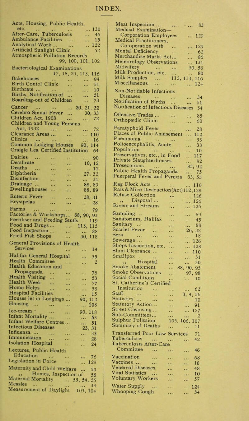 INDEX. Acts, Housing, Public Health, etc 130 After-Care, Tuberculosis ... 46 Ambulance Facilities ... ... 15 Analytical Work ... ... ... 122 Artificial Sunlight Clinic 52 Atmospheric Pollution Records 99, 100, 101, 102 Bacteriological Examinations 17, 18, 29, 113,116 Bakehouses ... 94 Birth Contol Clinic ... 51 Birthrate ... .... 10 Births, Notification of ... ... 51 Boarding-out of Children ... 73 Cancer 20, 21, 22 Cerebro Spinal Fever ... 30, 33 Children Act, 1908 ... 72 Children and Young Persons Act, 1932 ... 72 Clearance Areas ... ... 110 Clinics ... 16 Common Lodging Houses 90, 114 Craigie Lea Certified Institution 64 Dairies ... 90 Deathrate 10, 12 Deaths ... ... 11 Diphtheria 27, 32 Disinfection ... 31 Drainage ... 88, 89 Dwellinghouses ... 88, 89 Enteric Fever 28, 31 Erysipelas ... 28 Farms ... 79 Factories & Workshops... 88 , 90, 93 Fertiliser and Feeding Stuffs ... 119 Food and Drugs... ... 113 115 Food Inspection ... ... 88 Fried Fish Shops 90,118 General Provisions of Health Services ... 14 Halifax General Hospital ... 35 Health Committee 2 Health Education and Propaganda ... 76 Health Visiting ... ... 53 Health Week ... 77 Home Helps ... 56 Hospital Facilities ... 15 Houses let in Lodgings ... 90, 112 Housing ... ... 108 Ice-cream • 90, 118 Infant Mortality ... ... 53 Infant Welfare Centres... ... 51 Infectious Diseases 23, 31 Influenza ... ... 33 Immunisation ... 28 Isolation Hospital ... 24 Lectures, Public Health Education ... 76 Legislation in Force ... 129 Maternity and Child Welfare ... 50 ,, Homes, Inspection of 56 Maternal Mortality 53, 54, 55 Measles ... 34 Measurement of Daylight 103, 104 Meat Inspection ... ... - ... 83 Medical Examination— Corporation Employees ... 129 Medical Practitioners, Co-operation with ... ... 129 Mental Deficiency ... ... 62 Merchandise Marks Act 85 Meteorology Observations ... 131 Midwifery 50, 56 Milk Production, etc. ... 80 Milk Samples ... 112, 113, 116 Miscellaneous ... ... ... 124 Non-Notifiable Infectious Diseases ... ... ... 34 Notification of Births 51 Notification of Infectious Diseases 34 Offensive Trades ... ... ... 85 Orthopaedic Clinic 60 Paratyphoid Fever 28 Places of Public Amusement ... 112 Pneumonia ... ... ... 33 Polioencephalitis, Acute ... 33 Population . 10 Preservatives, etc., in Food ... 117 Private Slaughterhouses .. 82 Prosecutions ... ... 85, 92 Public Health Propaganda ... 75 Puerperal Fever and Pyrexia 33, 55 Rag Flock Acts ... ... ... no Rats & Mice Destruction(Act)112,128 Refuse Collection ... ... 126 ... 126 ... 125 Disposal Rivers and Streams Sampling ... Sanatorium, Halifax Sanitary ... Scarlet Fever Sera Sewerage ... Shops Inspection, etc. . Slum Clearance ... Smallpox ,, Hospital Smoke Abatement Smoke Observations Social Conditions St. Catherine's Certified Institution Staff Statistics ... Statutory Action .. ... ... 91 Street Cleansing... ... ... 127 Sub-Committees... ... ... 2 Sulphur Pollution 105, 106, 107 Summary of Deaths Transferred Poor Law Services Tuberculosis Tuberculosis After-Care Committee Vaccination Vaccines ... Venereal Diseases Vital Statistics Voluntary Workers ... 89 .. 45 ... 88 26, 32 ... 18 ... 126 ... 128 ... 110 ... 31 ... 30 88, 90. 95 97, 98 -... 10 ... 62 3, 4, 56 ... 10 Water Supply Whooping Cough 11 71 42 46 68 18 48 10 57 124 34