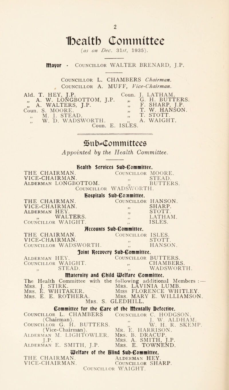 Ibealtb Committee {as on Dec. 31.5V, 1935). Illayor • Councillor WALTER BRENARD, J.P. Councillor L. CHAMBERS Chairman. Councillor A. MUFF, Vice-Chairman. Aid. T. HEY, J.P. „ A. W. LONGBOTTOM, J.P. „ A. WALTERS, J.P. Coun. S. MOORE. „ M. J. STEAD. „ W. D. WADSWORTH. Coun. E. Coun. J. LATLIAM. „ G. H. BUTTERS. „ F. SHARP, J.P. „ T. W. HANSON. „ T. STOTT. „ A. WAIGHT. ISLES. Subcommittees Appointed by the Health Committee. fiealth Services Sub-Committee. THE CHAIRMAN. Councillor MOORE. VICE-CHAIRMAN. „ STEAD. Alderman LONGBOTTOM. „ BUTTERS. Councillor WADSWORTH. hospitals THE CHAIRMAN. VICE-CHAIRMAN. Alderman HEY. „ WALTERS. Councillor WAIGHT. Sub-Committee. Councillor HANSON. „ SHARP. „ STOTT. „ LATHAM. ISLES. Accounts Sub-Committee. THE CHAIRMAN. Councillor ISLES. VICE-CHAIRMAN. „ STOTT. Councillor WADSWORTH. „ HANSON. loint Recovery Sub-Committee. Alderman HEY. Councillor BUTTERS. Councillor WAIGHT. „ CHAMBERS. „ STEAD. „ WADSWORTH. maternity and Child lUelfare Committee. The Health Committee with the following additional Members : — Mrs. J. STIRK. Mrs. LAVINIA LUMB. Mrs. E. WHITAKER. Miss FLORENCE WHITLEY. Mrs. E. E. ROTHERA. Mrs. MARY E. WILLIAMSON. Mrs. S. GLEDHILL. Committee for the Care of the mentally Defective. Councillor L. CHAMBERS (Chairman). Councillor G. H. BUTTERS. (Vice-Chairman). Alderman M. LIGHTOWLER. J-P. Alderman E. SMITH, J.P. Councillor C. HODGSON. „ J. W. ALDHAM. W. H. R. SKEMP. Mr. E. HARRISON. Mrs. B. DRACUP. Mrs. A. SMITH, J.P. Mrs. E. TOWNEND. lUelfare of the Blind Sub-Committee. THE CHAIRMAN. Alderman HEY. VICE-CHAIRMAN. Councillor SHARP. Council!.or WAIGHT,