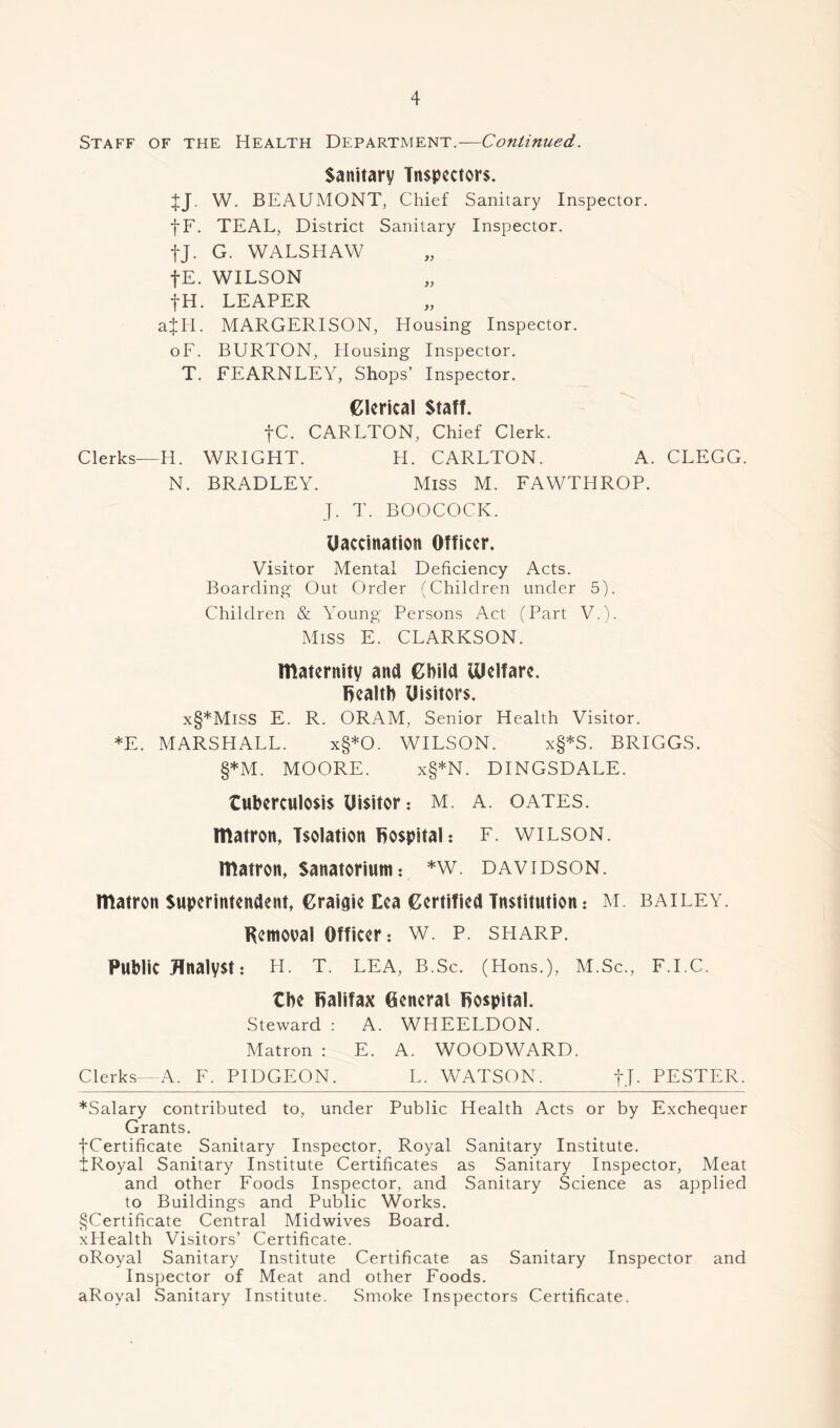 Staff of the Health Department.—Continued. Sanitary Inspectors. 4J. W. BEAUMONT, Chief Sanitary Inspector. fF. TEAL, District Sanitary Inspector. fj. G. WALSLIAW fE. WILSON fH. LEAPER aJH. MARGERISON, Housing Inspector. oF. BURTON, Housing Inspector. T. FEARNLEY, Shops’ Inspector. Clerical Staff. fC. CARLTON, Chief Clerk. Clerks—H. WRIGHT. H. CARLTON. A. CLEGG. N. BRADLEY. Miss M. FAWTHROP. J. T. BOOCOCK. Uaccination Officer. Visitor Mental Deficiency Acts. Boarding Out Order (Children under 5). Children & Young Persons Act (Part V.). Miss E. CLARKSON. maternity and Child Welfare, health Visitors. x§*MiSS E. R. ORAM, Senior Health Visitor. *E. MARSHALL. x§*0. WILSON. x§*S. BRIGGS. §*M. MOORE. x§*N. DINGSDALE. tuberculosis Uisitor: M. A. oates. matron, Isolation hospital: f. wilson. matron, Sanatorium: *w. davidson. matron Superintendent, Craigie tea Certified Institution: M. bailey. Removal Officer: w. P. sharp. Public Analyst: H. T. LEA, B.Sc. (Hons.), M.Sc., F.I.C. the fialifax General Rospital. Steward : A. WHEELDON. Matron : E. A. WOODWARD. Clerks—A. F. PIDGEON. L. WATSON. fj. PESTER. *Salary contributed to, under Public Health Acts or by Exchequer Grants. fCertificate Sanitary Inspector, Royal Sanitary Institute. tRoyal Sanitary Institute Certificates as Sanitary Inspector, Meat and other Foods Inspector, and Sanitary Science as applied to Buildings and Public Works. §Certificate Central Midwives Board. xHealth Visitors’ Certificate. oRoyal Sanitary Institute Certificate as Sanitary Inspector and Inspector of Meat and other Foods. aRoyal Sanitary Institute. Smoke Inspectors Certificate.