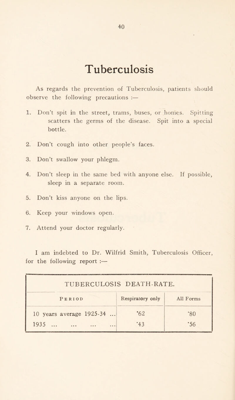 Tuberculosis As regards the prevention of Tuberculosis, patients should observe the following precautions :— 1. Don’t spit in the street, trams, buses, or homes. Spitting scatters the germs of the disease. Spit into a special bottle. 2. Don’t cough into other people’s faces. 3. Don’t swallow your phlegm. 4. Don’t sleep in the same bed with anyone else. If possible, sleep in a separate room. 5. Don’t kiss anyone on the lips. 6. Keep your windows open. 7. Attend your doctor regularly. I am indebted to Dr. Wilfrid Smith, Tuberculosis Officer, for the following report :— TUBERCULOSIS DEATH-RATE. Period Respiratory only All Forms 10 years average 1925-34 ... *62 *80 1935 Ay*/*/ • • • ••• ••• *43 *56