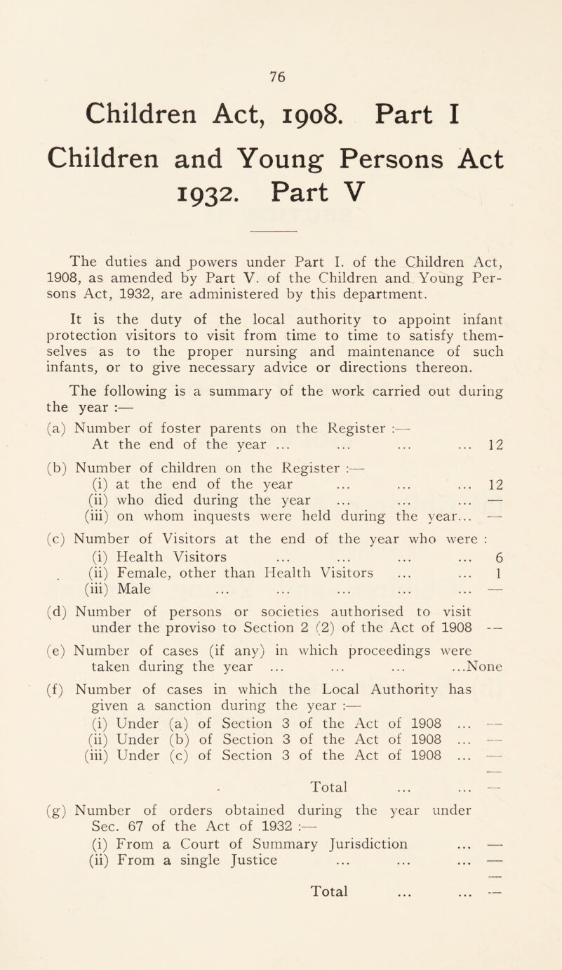 Children Act, 1908. Part I Children and Young Persons Act 1932. Part V The duties and powers under Part I. of the Children Act, 1908, as amended by Part V. of the Children and Young Per- sons Act, 1932, are administered by this department. It is the duty of the local authority to appoint infant protection visitors to visit from time to time to satisfy them- selves as to the proper nursing and maintenance of such infants, or to give necessary advice or directions thereon. The following is a summary of the work carried out during the year :— (a) Number of foster parents on the Register :— At the end of the year ... ... ... ... 12 (b) Number of children on the Register :—- (i) at the end of the year ... ... ... 12 (ii) who died during the year ... ... ... — (iii) on whom inquests were held during the year... — (c) Number of Visitors at the end of the year who were : (i) Health Visitors ... ... ... ... 6 (ii) Female, other than Health Visitors ... ... 1 (iii) Male ... ... ... ... ... — (d) Number of persons or societies authorised to visit under the proviso to Section 2 (2) of the Act of 1908 - — (e) Number of cases (if any) in which proceedings were taken during the year ... ... ... ...None (f) Number of cases in which the Local Authority has given a sanction during the year :— (i) Under (a) of Section 3 of the Act of 1908 ... — (ii) Under (b) of Section 3 of the Act of 1908 ... — (iii) Under (c) of Section 3 of the Act of 1908 ... — Total ... ... — (g) Number of orders obtained during the year under Sec. 67 of the Act of 1932 :— (i) From a Court of Summary Jurisdiction ... — (ii) From a single Justice ... ... ... — Total