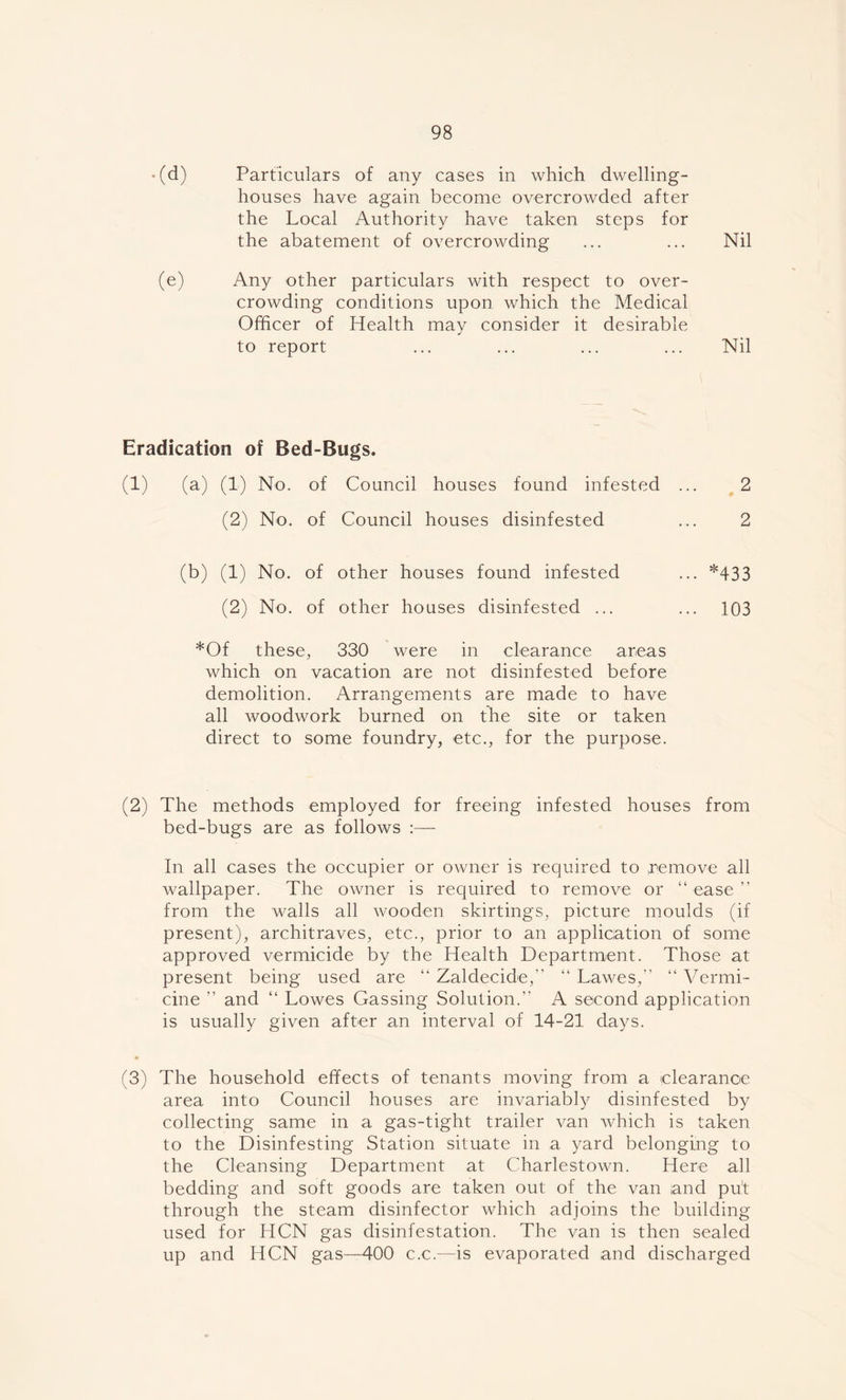 •(d) Particulars of any cases in which dwelling- houses have again become overcrowded after the Local Authority have taken steps for the abatement of overcrowding ... ... Nil (e) Any other particulars with respect to over- crowding conditions upon which the Medical Officer of Health may consider it desirable to report ... ... ... ... Nil Eradication of Bed-Bugs. (1) (a) (1) No. of Council houses found infested ... 2 (2) No. of Council houses disinfested ... 2 (b) (1) No. of other houses found infested ... *433 (2) No. of other houses disinfested ... ... 103 *Of these, 330 were in clearance areas which on vacation are not disinfested before demolition. Arrangements are made to have all woodwork burned on the site or taken direct to some foundry, etc., for the purpose. (2) The methods employed for freeing infested houses from bed-bugs are as follows :— In all cases the occupier or owner is required to .remove all wallpaper. The owner is required to remove or “ease” from the walls all wooden skirtings, picture moulds (if present), architraves, etc., prior to an application of some approved vermicide by the Health Department. Those at present being used are “ Zaldecide, “ Lawes,” “ Vermi- cine ” and “ Lowes Gassing Solution.” A second application is usually given after an interval of 14-21 days. (3) The household effects of tenants moving from a clearance area into Council houses are invariably disinfested by collecting same in a gas-tight trailer van which is taken to the Disinfesting Station situate in a yard belonging to the Cleansing Department at Charlestown. Here all bedding and soft goods are taken out of the van and put through the steam disinfector which adjoins the building used for HCN gas disinfestation. The van is then sealed up and HCN gas—400 c.c.—is evaporated and discharged