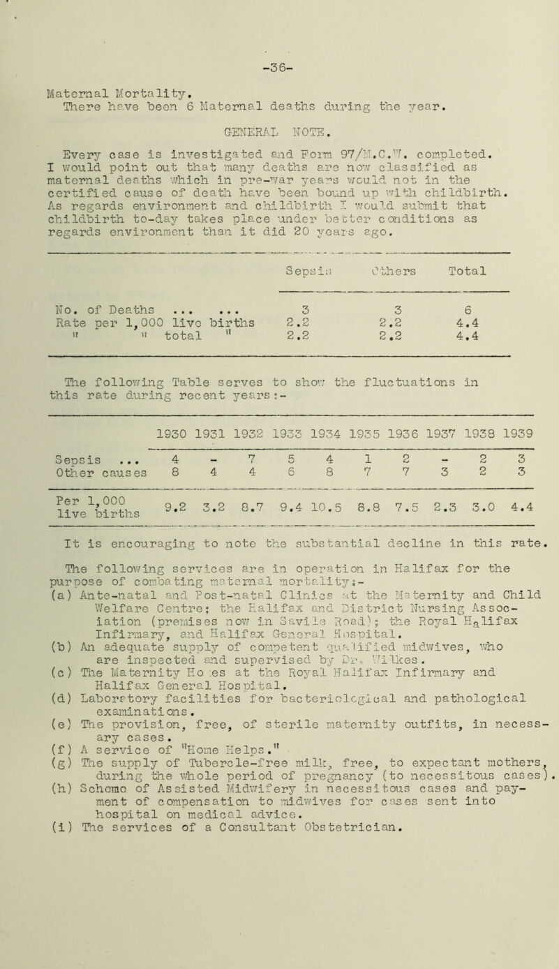 -36- Matcrnal Mortality. There have been 6 Maternal deaths during the year. GENERAL NOTE. Every case is investigated and Form 97/M.C.W. completed. I would point out that many deaths are now classified as maternal deaths which in pre-war years would not in the certified cause of death have been bound up with childbirth. As regards environment and childbirth I would submit that childbirth to-day takes place under better conditions as regards environment than it did 20 years ago. Sepsis Others Total No. of Deaths 3 Rate per 1,000 live births 2.2  i* total i? 2.2 3 6 2.2 4.4 2.2 4.4 The following Table serves to show the fluctuations in this rate during recent years;- 1930 1931 1932 1933 1934 1935 1936 1937 1938 1939 Sepsis ... 4 - 7 5 4 1 2 - 2 3 Other causes 8446877323 Per 1,000 live births 9.2 3.2 8.7 9.4 10.5 8.8 7.5 2.3 3.0 4.4 It is encouraging to note the substantial decline in this rate. The following services are in operation in Halifax for the purpose of combating maternal mortalitys- (a) Ante-natal and Post-natal Clinics at the Maternity and Child Welfare Centre; the Halifax and District Nursing Assoc- iation (premises now In Savile Road); the Royal Halifax Infirmary, and Halifax; General Hospital. (b) An adequate supply of competent qualified midwives, who are inspected and supervised by Dr. Wilkes. (c) The Maternity Ho :es at the Royal Halifax Infirmary and Halifax General Hospital. (d) Laboratory facilities for bacteriological and pathological examinatlons. (e) The provision, free, of sterile maternity outfits, in necess- ary cases . (f) A service of i!Hone Helps.’1 (g) The supply of Tubercle-free milk, free, to expectant mothers, during the whole period of pregnancy (to necessitous cases). (h) Scheme of Assisted Midwifery In necessitous cases and pay- ment of compensation to midwives for cases sent into hospital on medical advice.