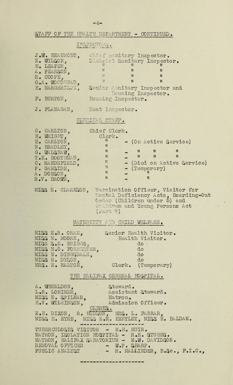 4- STAFF OF THE HEALTH DEPARTMENT - CONTINUED ♦ J.W. BEAUMONT, E. WILSON, H. LEAPER, A. PEARSON, R. COOPE, G. A. WO CD READ, H. MARGERJSON, F. BURTON, CL? c; i Sanitary Inspector. District Sanitary Inspector. 5! II II t’ 11 U ;s u ti u u u Senior Sanitary Inspector and JIous i ng Ins p e c to r. Housing Inspector, J. FLANAGAN, Meat Inspector. CLERICAL STAFF, C. CARLTON, H, WRIGHT, H. CARLTON, N. BRADLEY, G. WALSHAW, T.K. BOOTHMAN, C. MANDE FIELD , P. GARSIDE, A. DOBSON, R.V. BROW, Chief Clerk. Clerk,  - (On Active Service) u u it ii u it _ u ti ti - (Died on Active Service) j| - (Temporary) » - » MISS E. CLARKSON, Vaccination Officer, Visitor for Mental Deficiency Acts, Boarding-Out Order (Children under 5) and C'rih'.dren and Young Persons Act (Part V) MATERNITY AND CHILD WELFARE. MISS E.R. ORAM 9 MISS M. MOORE, MISS S.E. BRIGGS, MISS M.O. FORRESTER, MISS N. DINGSDALS, MISS M. DYSON, MRS. E. MALTON, Senior Health Visitor, Health Visitor, do do do do Clerk, (Temporary) THE HALIFAX GENERAL HOSPITAL. A. WHEELDON, L.R. LORIMER, MISS N. SPILMAN, H.V. WILKINSON, Steward• Assistant Steward. Matron. Admission Officer. CLERKS. E.H. DIXON, R. HElDSGN , MRS. L, FARRAR, MISS H. EYRE, MISS E.M. KEETLEY, MISS H. BALDAM. TUBERCULOSIS VISITOR - M.H, MUIR. MATRON, ISOLATION HOSPITAL - R.E. STUBBS. MATRON, HALIFAX SANATORIUM - M.W. DAVIDSON. REMOVAL OFFICER - W.P. SHARP. PUBLIC ANALYST - R. MALLINDER, B.Sc., F.I.C.,