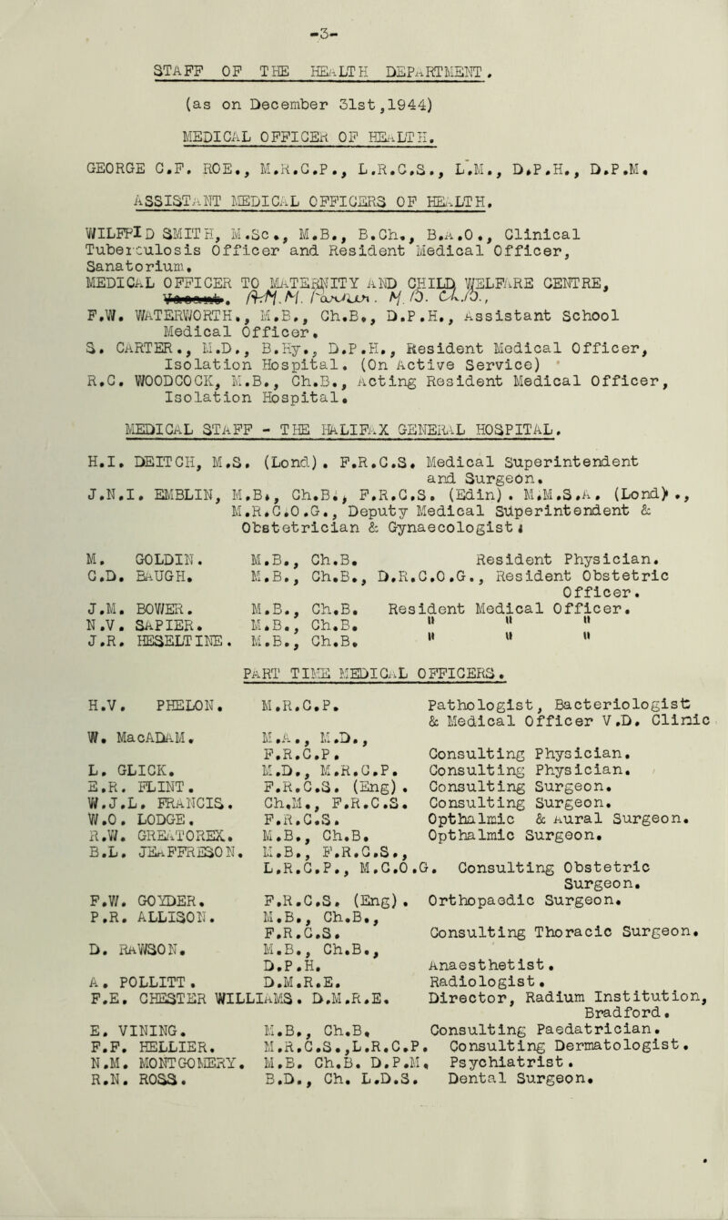 STAFF OF THE HEaLTH DEPARTMENT (as on December 31st,1944) MEDICAL OFFICER OF HEaLTH. GEORGE C.F. ROE., M.R.C.P., L.R.C.S., L*.M., D.P.H., D.P.M, ASSISTANT MEDICAL OFFICERS OF HEALTH, V/ILFPlD SMITH, M.Sc., M.B., B.Ch., B.a.O., Clinical Tuberculosis Officer and Resident Medical Officer, Sanatorium, medical officer to maternity and child, welfare germ re, Vfroamt. Mi,M. PojxAjJi. M.ft- ClM, F.W. WaTERWORTH., M.B., Ch.B,, D.P.H., Assistant School Medical Officer. S. CARTER., M.D., B.Hy., D.P.H,, Resident Medical Officer, Isolation Hospital. (On Active Service) R.C. WOODCOCK, M.B., Ch.B., Acting Resident Medical Officer, Isolation Hospital* MEDICAL STAFF - THE I-IALIFaX GENERAL HOSPITAL. H*I* DEITCH, M.S. (Lond) . F.R.C.S. Medical Superintendent and Surgeon. J.N.I. EMBLIN, M,B*, Ch.B;, F.R.C.S. (Edin) . M.M.S.A. (Lond>., M.R.C.O.G., Deputy Medical superintendent & Obstetrician & Gynaecologist 4 M. GOLDIN. M.B•, Ch•B• Resident Physician. C.D. BAUGH* M.B., Ch.B., D.R .C.O.G., Resident Obstetric Officer. J.M. BOWER. M.B., Ch.B. Resident Medical Officer. N.V. SAPIER * M * B., Gh.. B . II II II J.R. HESELTINE. M.B., Ch.B. 11 11 11 Part TIME MEDICaL OFFICERS. H.V . P HE LON. M.R.G.P* pathologist, Bacteriologist & Medical Officer V.D. Clinic W* MacADAM* M.A., M.D., F. R. G. P • Consulting Physician. L. GLICK. M.D., M.R.G.P. Consulting Physician. E.R. FLINT. F.R.C.S. (Eng). Consulting Surgeon. W.J.L. FRANCIS. Ch.M., F.R.C.S. Consulting Surgeon. W.O. LODGE. F.R.C.S. Opthalmic & Aural Surgeon. R.W. GREAT OREX.* M.B., Ch.B. Opthalmic Surgeon. B.L. JEaFFRESON . M.B., F.R.C.S., L.R.C.P., M.C.O •G. Consulting Obstetric Surgeon. F.W. GOYDER* F.R.C.S, (Eng). Orthopaedic Surgeon. P.R. ALLISON. M.B., Ch.B., F.R.C.S. Consulting Thoracic Surgeon. D. RaWSON. M.B., Ch.B., D.P.H. Anaesthetist• A. POLLITT. D.M.R.E. Radiologist • F.E, CHESTER WILLIAMS. D.M.R.E. Director, Radium Institution, Bradford • E. VINING. M.B., Ch.B, Consulting Paedatrician. F.F. HELLIER. M.R.G.S.,L.R.C. P, Consulting Dermatologist. N.M. MONTGOMERY . M.B. Ch.B. D.P.: M, Psychiatrist. R.N. ROSS. B.D., Ch. L.D.S . Dental Surgeon.