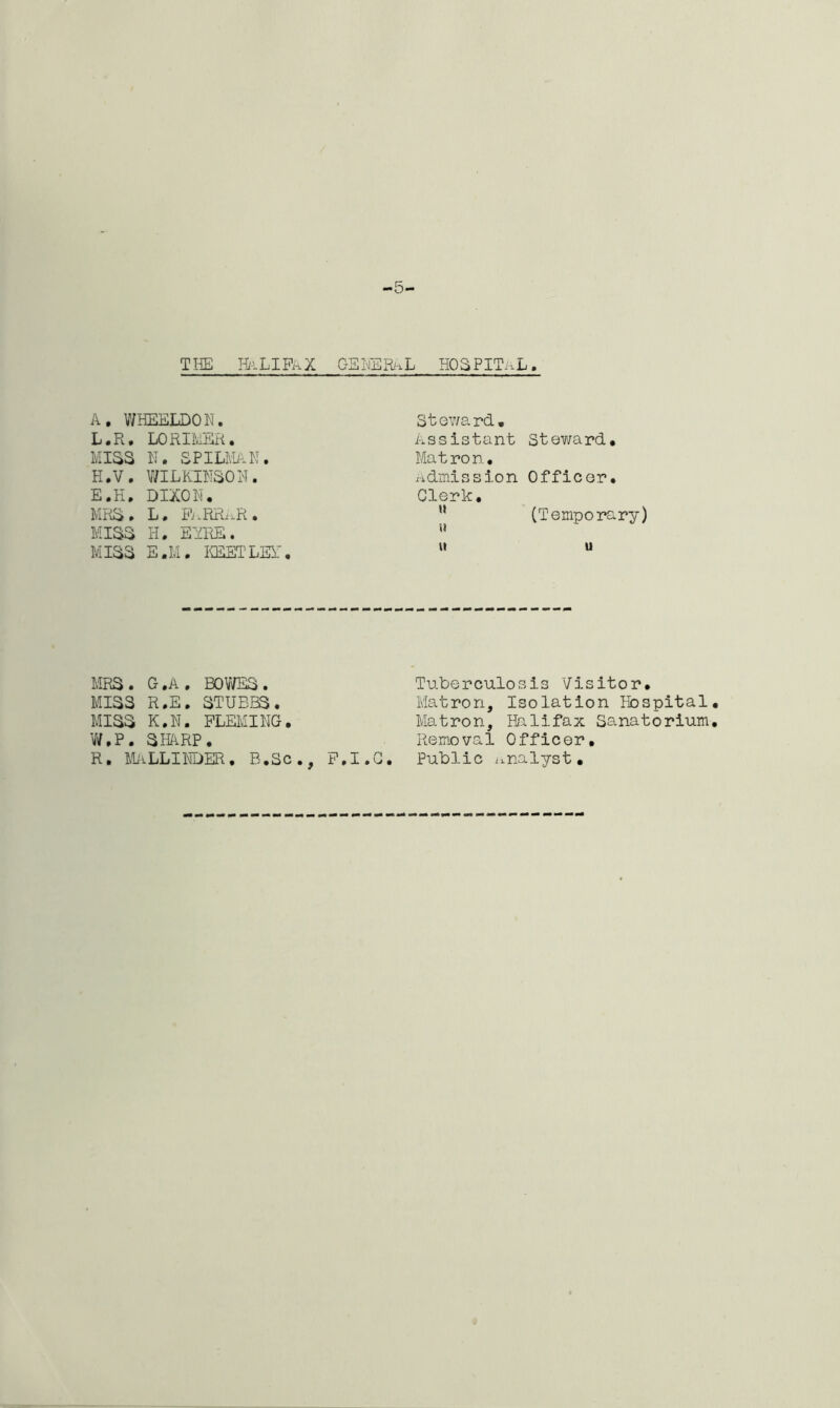 THE HALIFAX GENERAL HOSPITAL A. WHEELDON. L.R. LORIMER. MISS N. SPILMAN. H.V. WILKINSON. E.H. DIXON. MRS. L. FkRRAR . MISS H. EIRE. MISS E.M. KEETLET. MRS. G.A. BOWES. MISS R.E. STUBES. MISS K.N. FLEMING. W.P. SHARP. R. MaLLINDER. B.Sc., F. Steward. Assistant Steward. Matron. Admission Officer. Clerk. M (Temporary) u II u Tuberculosis Visitor. Matron, Isolation Hospital Matron, Halifax Sanatorium Removal Officer, .C. Public analyst.