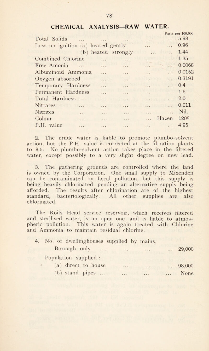 CHEMICAL ANALYSIS—RAW WATER. Parts per 100,000 Total Solids 5.98 Loss on ignition (a) heated gently 0.96 (b) heated strongly ... ... 1.44 Combined Chlorine 1.35 Free Amonia 0.0068 Albuminoid Ammonia 0.0152 Oxygen absorbed 0.3191 Temporary Hardness 0.4 Permanent Hardness 1.6 Total Hardness ... 2.0 Nitrates 0.011 Nitrites ... ... Nil. Colour Hazen 120° P.H. value 4.95 2. The crude water is liable to promote plumbo-solvent action, but the P.H. value is corrected at the filtration plants to 8.5. No plumbo-solvent action takes place in the filtered water, except possibly to a very slight degree on new lead. 3. The gathering grounds are controlled where the land is owned by the Corporation. One small supply to Mixenden can be contaminated by faecal pollution, but this supply is being heavily chlorinated pending an alternative supply being afforded. The results after chlorination are of the highest standard, bacteriologically. All other supplies are also chlorinated. The Roils Head service reservoir, which receives filtered and sterilised water, is an open one, and is liable to atmos- pheric pollution. This water is again treated with Chlorine and Ammonia to maintain residual chlorine. 4. No. of dwellinghouses supplied by mains, Borough only ... ... ... ... 29,000 Population supplied : a) direct to house ... ... ... 98,000 (b) stand pipes ... ... ... ... None