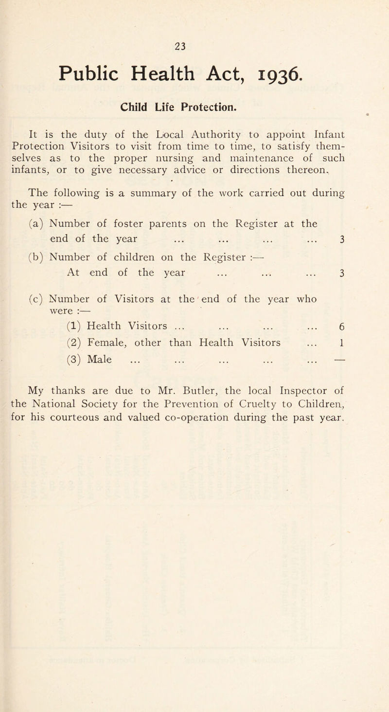 Public Health Act, 1936. Child Life Protection. It is the duty of the Local Authority to appoint Infant Protection Visitors to visit from time to time, to satisfy them- selves as to the proper nursing and maintenance of such infants, or to give necessary advice or directions thereon. The following is a summary of the work carried out during the year :— (a) Number of foster parents on the Register at the end of the year ... ... ... ... 3 (b) Number of children on the Register :— At end of the year ... ... ... 3 (c) Number of Visitors at the end of the year who were :— (1) Health Visitors ... ... ... ... 6 (2) Female, other than Health Visitors ... 1 (3) Male ... ... ... ... ... — My thanks are due to Mr. Butler, the local Inspector of the National Society for the Prevention of Cruelty to Children, for his courteous and valued co-operation during the past year.